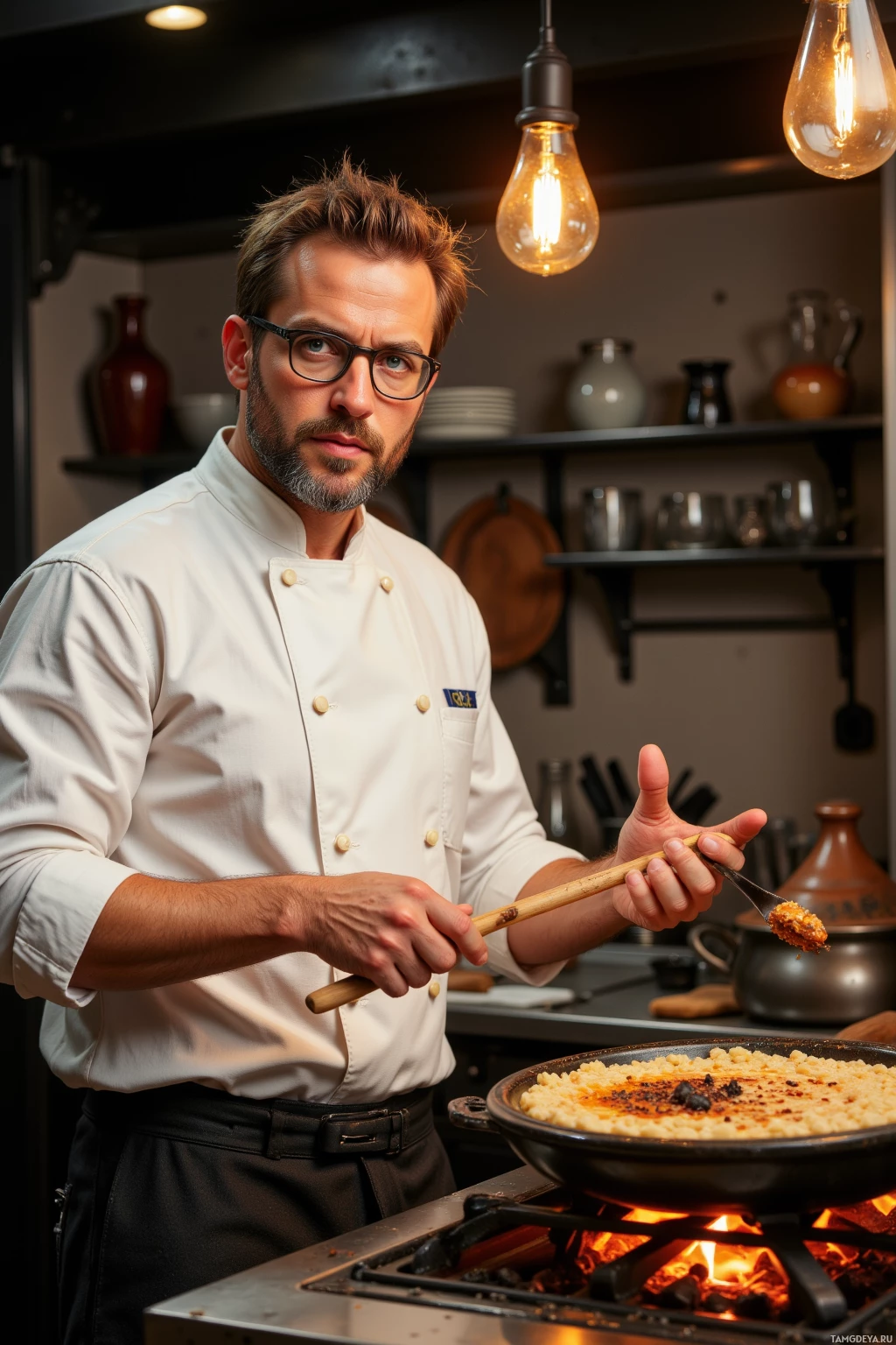 Realistic high quality photo. Male chef, 38, salt‑and‑pepper hair and beard, bright blue eyes behind round glasses, fair skin with freckles, wearing a relaxed white jacket with badges, holding a wooden spoon, standing in an evening Marrakech‑style kitchen with a burned tagine pot, scorched cinnamon sticks, burnt grains on the stove, lecturing a perplexed group of guests.