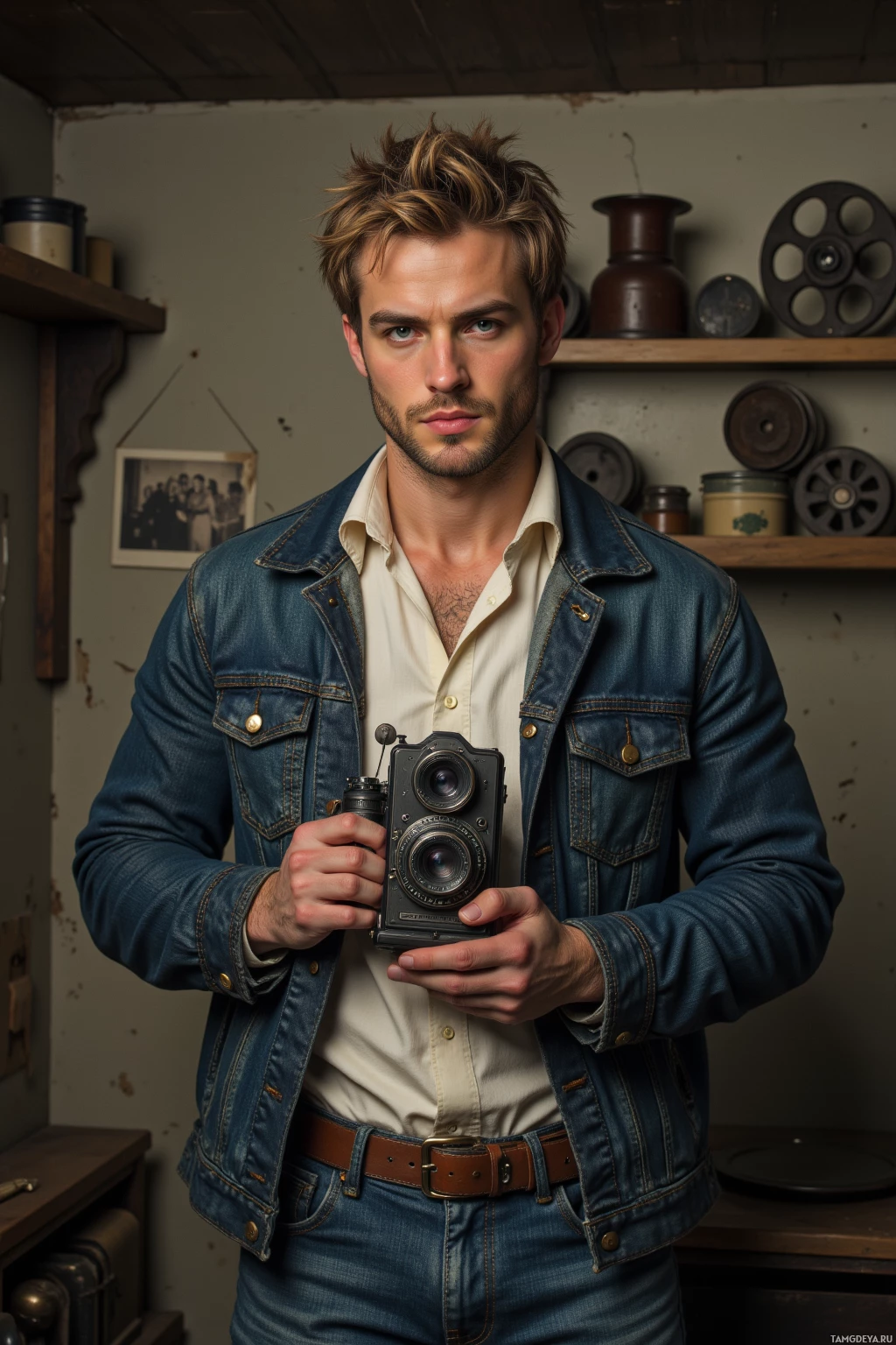 Realistic high quality photo. Male, 34, wild blonde hair, pale skin, sharp jawline, prominent nose wearing a worn denim jacket over a white button‑down shirt, jeans, leather belt, standing in a dimly lit dusty room with cracked walls and shelves of old film reels, holding an antique 8‑mm camera whose shutter clicks amid faded photographs hanging like shadows on the wall.