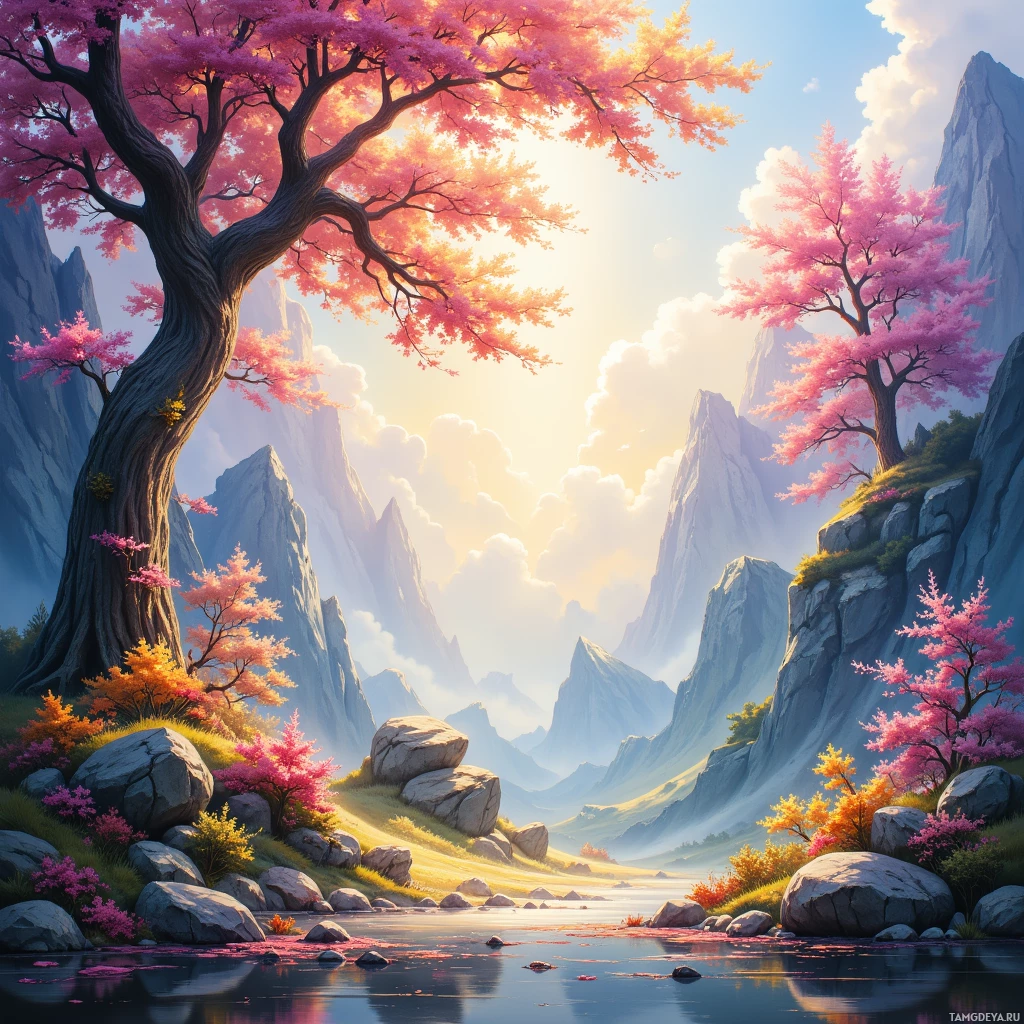 Semi-abstract image with many empty light space at center of beautiful background, that is suitable for the post:  The mountain's echo is a patient tutor, speaking in rustles of leaves and the slow drip of morning dew.