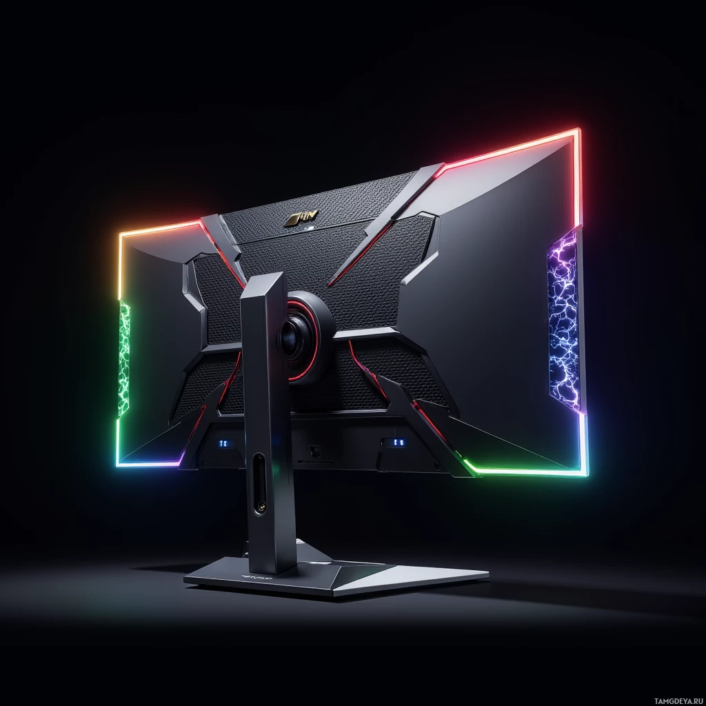 Semi-abstract image with many light, that is suitable for the post:  A sleek black dual‑display gaming monitor with a matte finish and ultra‑thin bezels textured like dragon scales, featuring integrated RGB lighting strips along the edges, a discreet front‑panel microphone array, and polished silver mounting brackets for tidy cable management.