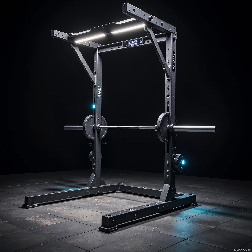 Semi-abstract image with many light, that is suitable for the post:  Sleek matte black forged steel squat rack with integrated load‑sensing sensors, glowing LED strips along the frame, a tiny real‑time velocity display screen, and adjustable resistance elements for adaptive training.