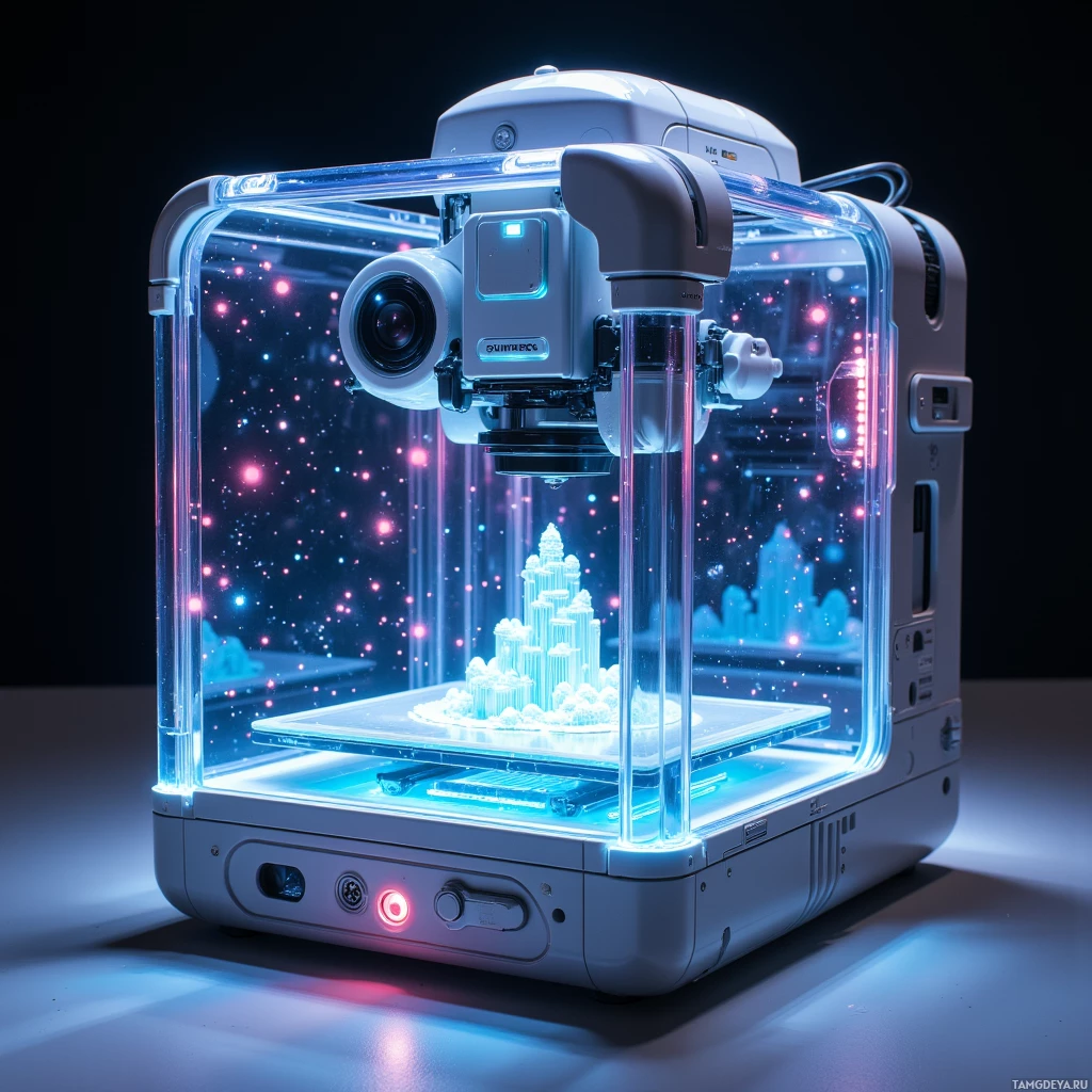 Semi-abstract image with many light, that is suitable for the post:  Translucent handheld 3‑D printer, bio‑based alloy chassis, built‑in laser scanner, tiny blue‑glowing build chamber, modular metal bracket system, sleek futuristic design.