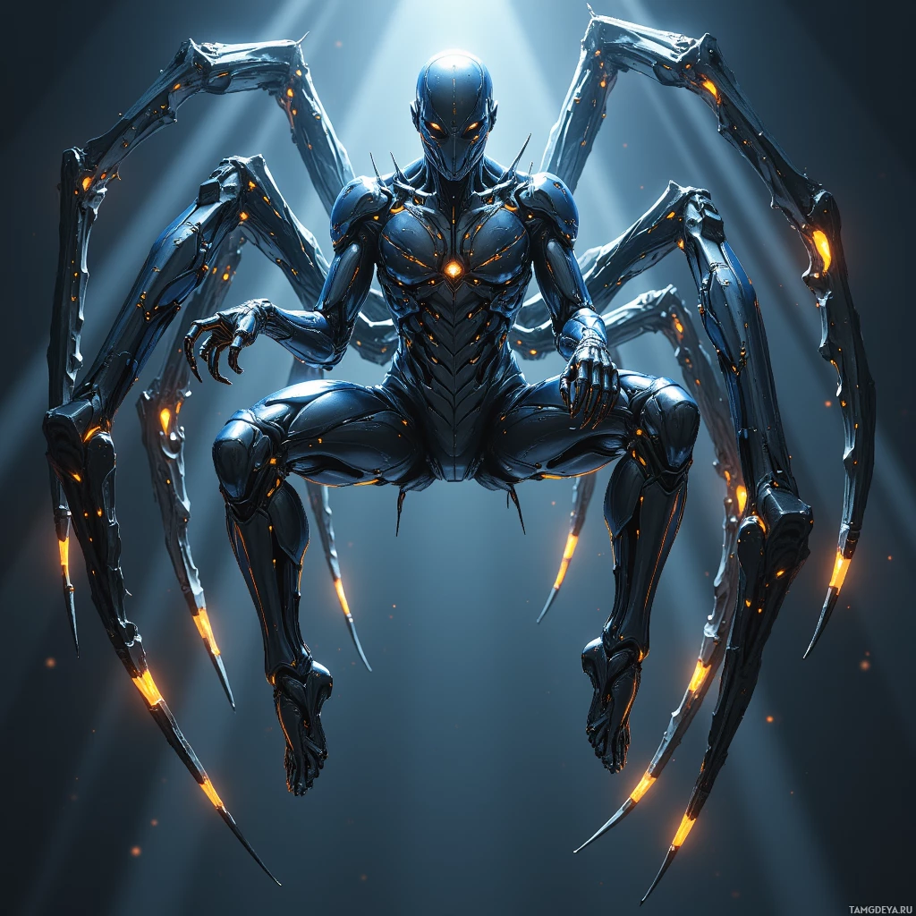 Semi-abstract image with many light, that is suitable for the post:  chrome spider‑frame exosuit, sleek chrome chassis with carbon‑fiber limbs pulsing neon veins, razor‑sharp angular design, foldable into a single sheet, hovering in midair with glowing accents.