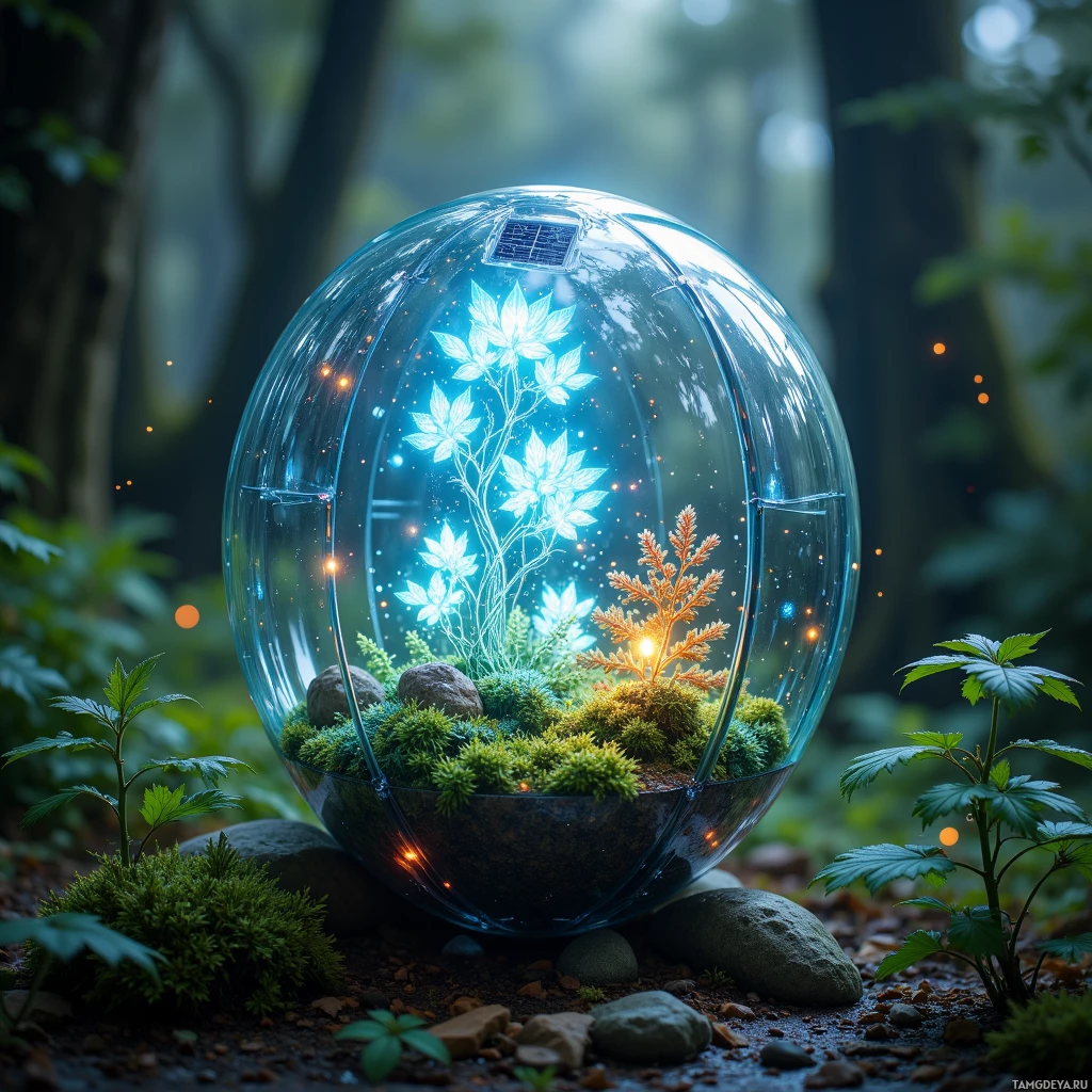 Semi-abstract image with many light, that is suitable for the post:  Transparent biodegradable pod about backpack size, its clear shell encloses moss, lichens, tiny algae, solar cells along the rim, subtle bioluminescent glow at night, and miniature translucent sensor panels tracking humidity and light.
