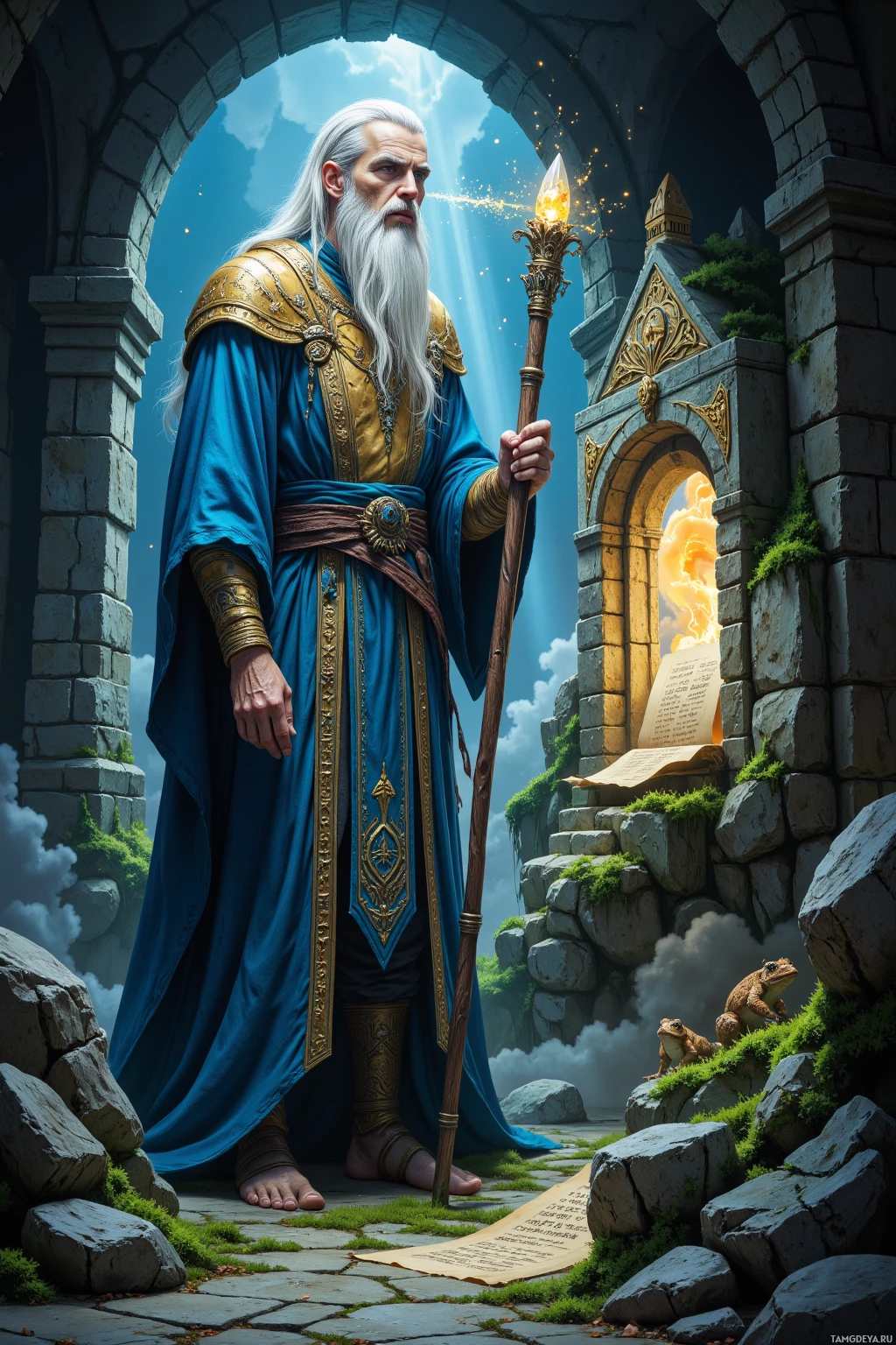 Realistic high quality photo. Standing in a dim stone cavern with a mossy stone window, a tall 34‑year‑old man with long white hair, blue eyes, pale skin, wearing deep blue layered robes embroidered with runes and holding a crooked wooden staff topped with a glowing crystal, chants while tracing faint glyphs on an ancient scroll, sneezes, and a small glowing doorway appears beside him, toads on the mossy stone outside the window croak as faint metallic sparks swirl in the air.