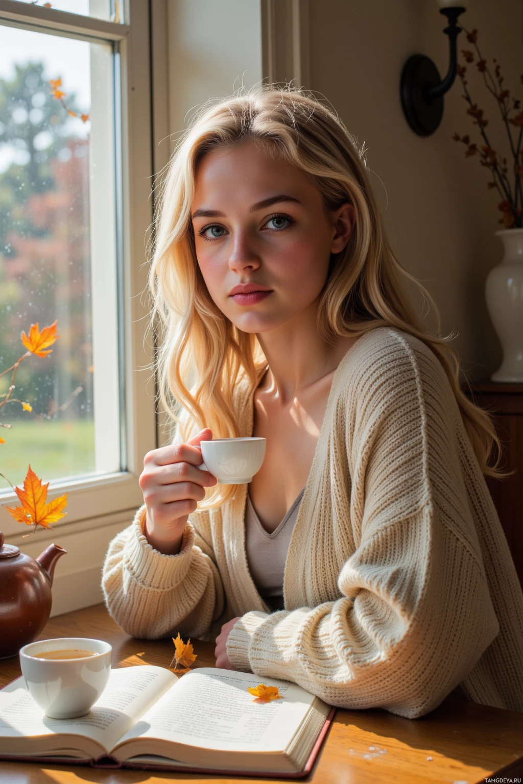 Realistic high quality photo. A 28‑year‑old woman with long curly blonde hair and blue eyes sits at a wooden table by a large window bathed in warm afternoon light, wearing a loose beige knit sweater and pale pleated skirt, holding a porcelain cup as she gently stirs tea from an open kettle while an open notebook beside her holds a half‑finished haiku about an autumn fox, with a single fallen leaf drifting through the open window.