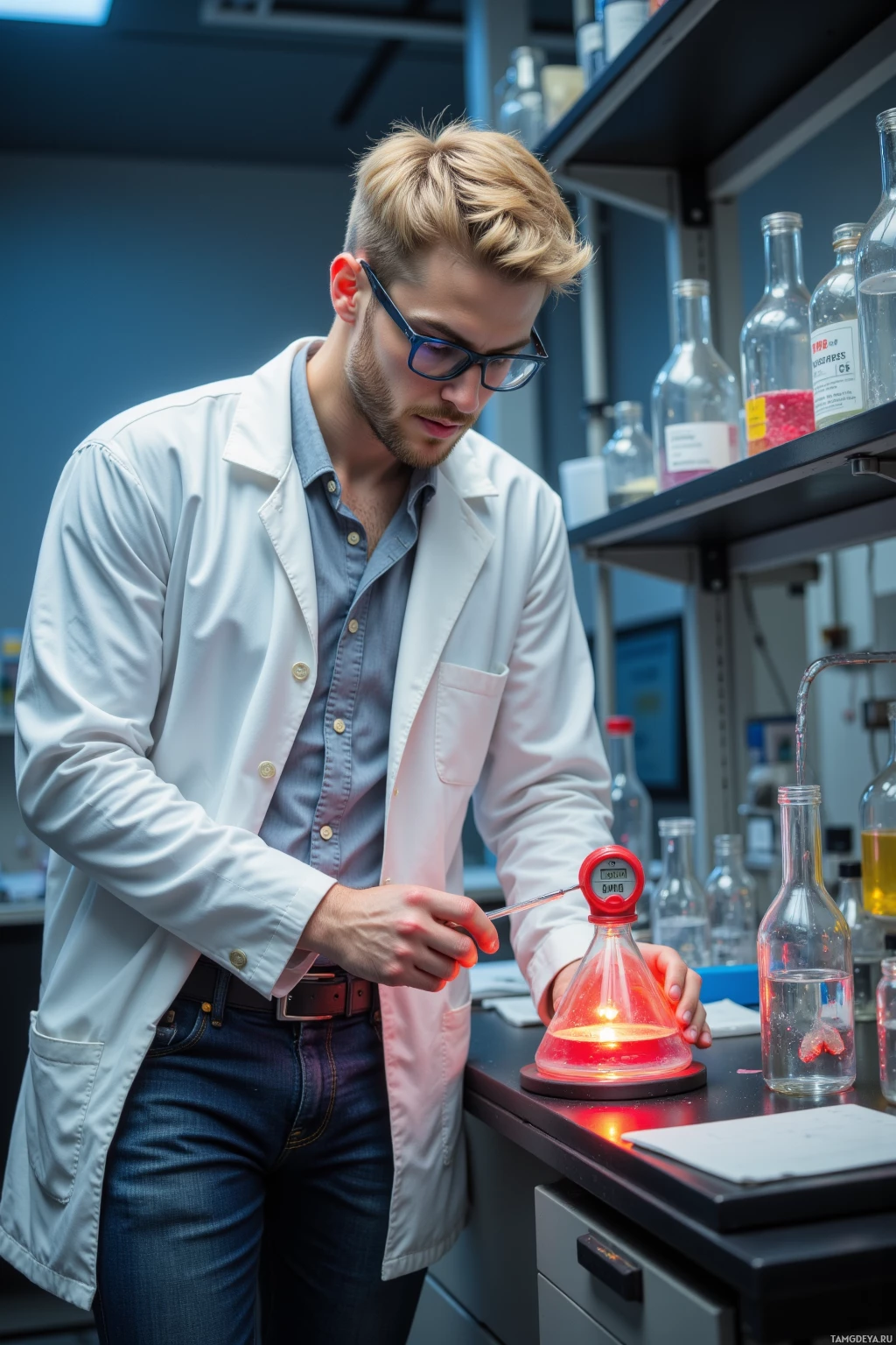 Realistic high quality photo. Tall 28‑year‑old male chemist with short blonde hair, blue glasses, wearing a white lab coat over a light gray shirt and dark jeans, stands in a modern laboratory surrounded by glassware, calibrating a glowing red pH meter on the workbench while faint yellow haze from burnt plastic drifts around him.