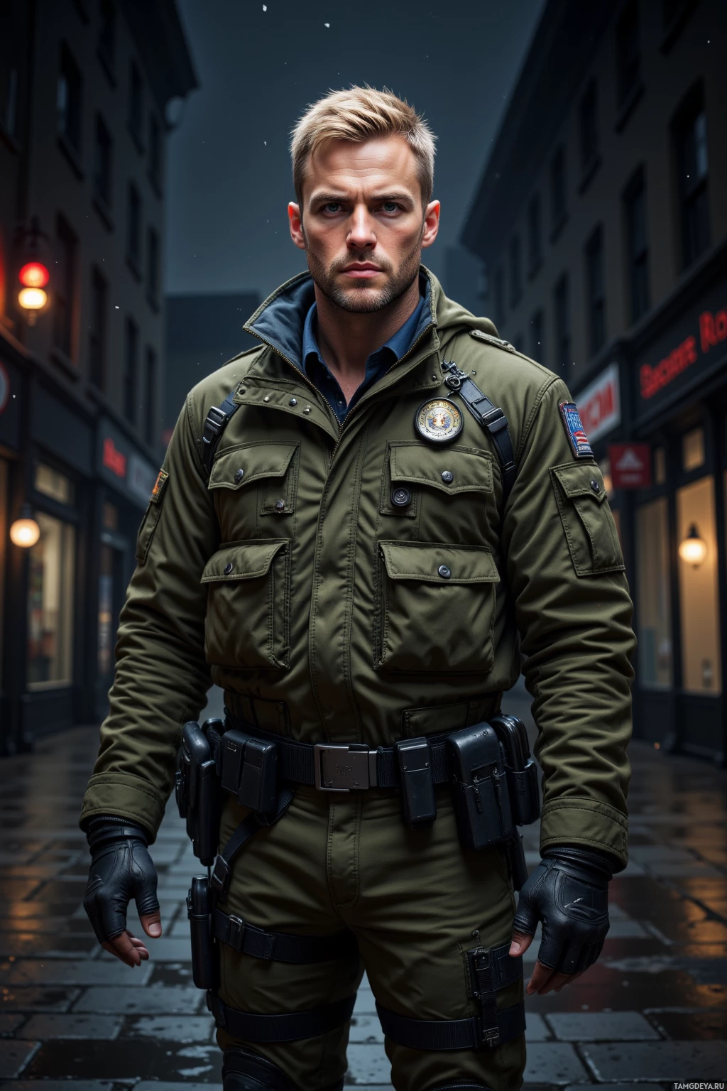 Realistic high quality photo. Man, short blonde hair, blue eyes, strong jawline and intense gaze wearing olive green tactical jacket and pants with a utility belt, standing on a dark wet city street at night beside a broken traffic light, scanning the alley in disciplined posture ready to enforce justice.