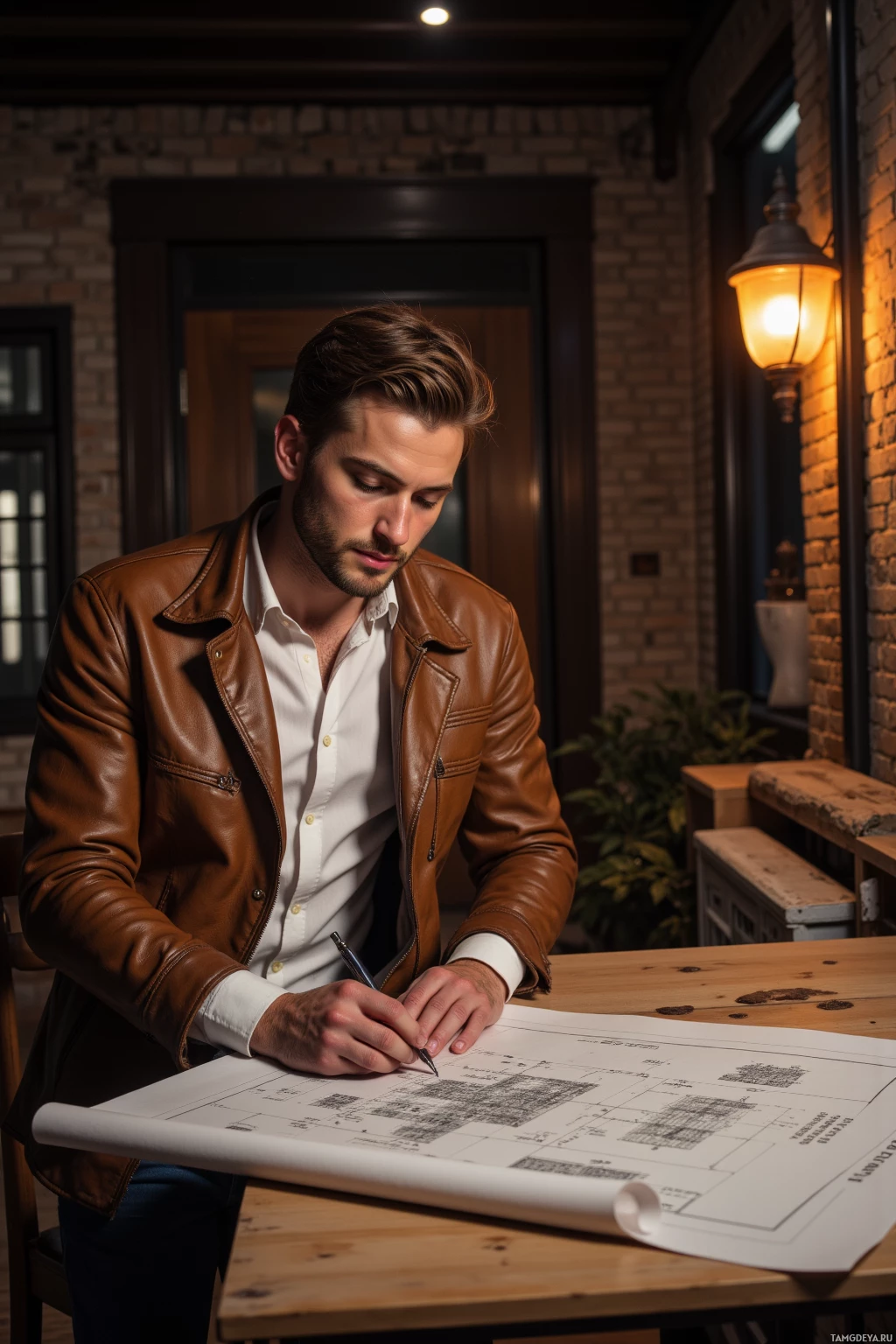 Realistic high quality photo. Male architect, 34, light brown hair, hazel eyes, wearing a fitted white shirt under a worn tan leather jacket and casual jeans, alone at night in a loft overlooking a brick façade, tracing the edges of a schematic on a drafting table under a streetlamp’s warm amber light, a small flaw visible on the building attracting his meticulous gaze.