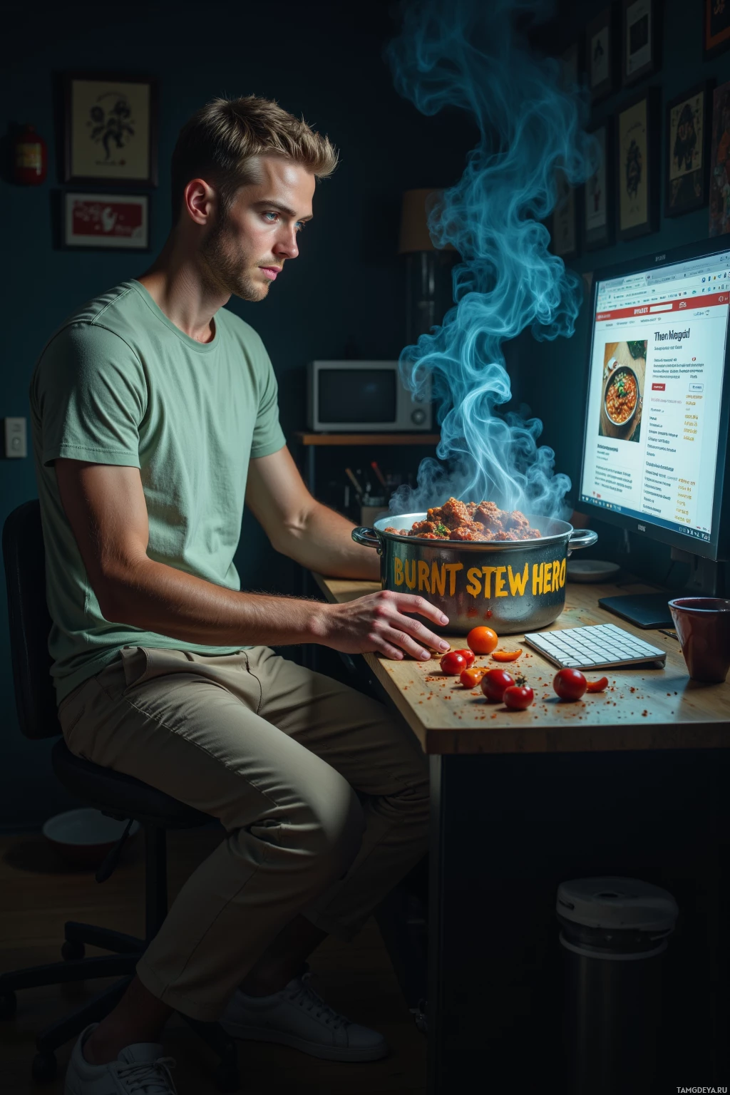 Realistic high quality photo. Short-haired blonde man with blue eyes, wearing a pale green t‑shirt, loose beige joggers and white sneakers, sits at a midnight kitchen counter stirring a pot of stewed beef scented with smoked paprika, a glowing computer screen displays blinking invoices like dungeon doors while a second monitor shows a meme titled “burnt stew hero”, steam curling over the pot in a scene of controlled chaos.