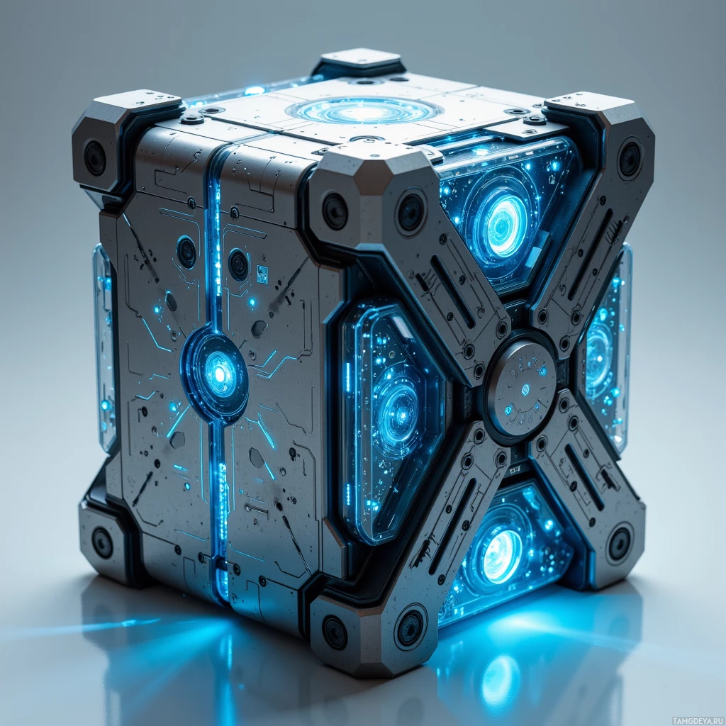 Semi-abstract image with many light, that is suitable for the post:  Cube‑shaped robotic assistant in sleek titanium shell etched with faint glowing blue circuit patterns, featuring a front touch‑sensitive panel and a detachable modular arm that snaps onto interchangeable tool heads like a torque wrench, plasma cutter, and mini vacuum.