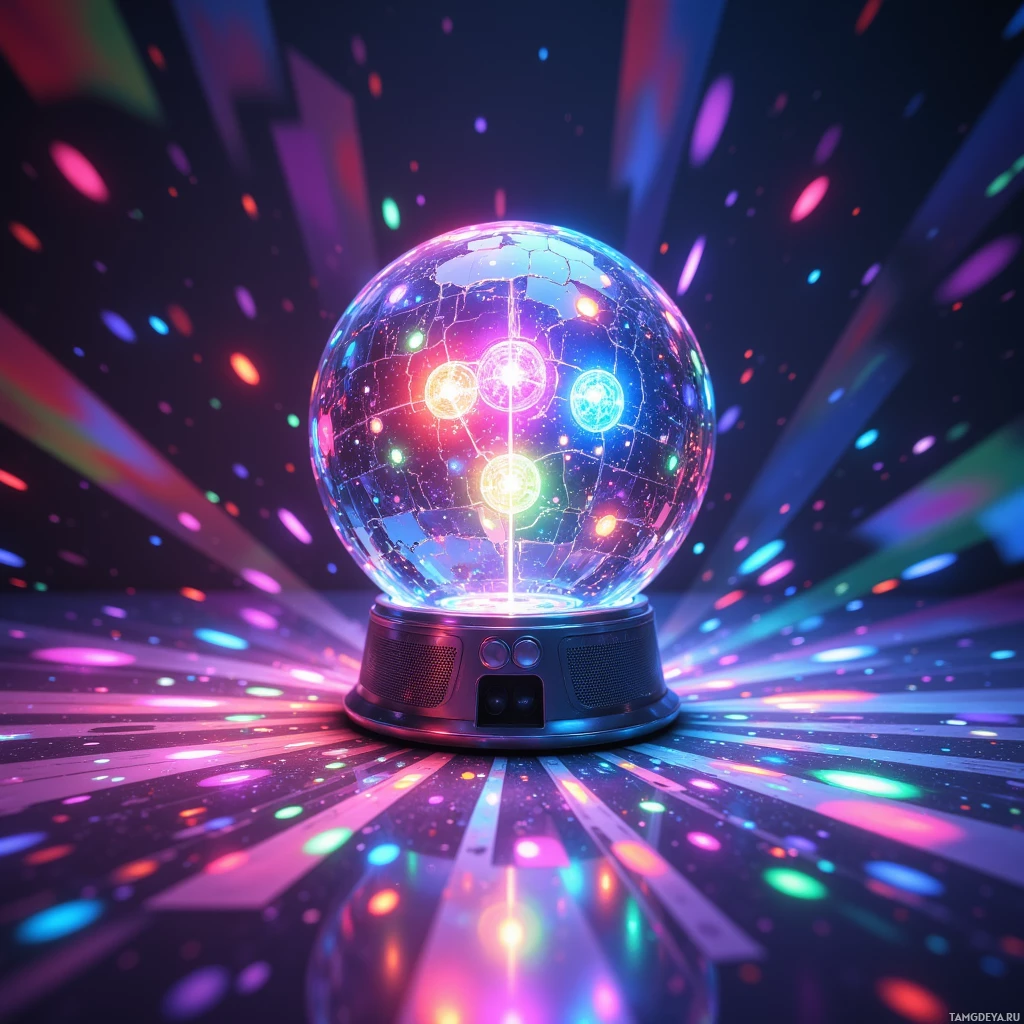 Semi-abstract image with many light, that is suitable for the post:  Crystal sphere disco ball with embedded LED matrix, multicolored LED lights pulsing in sync with music, reflective crystal panels refracting light, metallic speaker housing, built‑in motion sensor for automatic spinning.