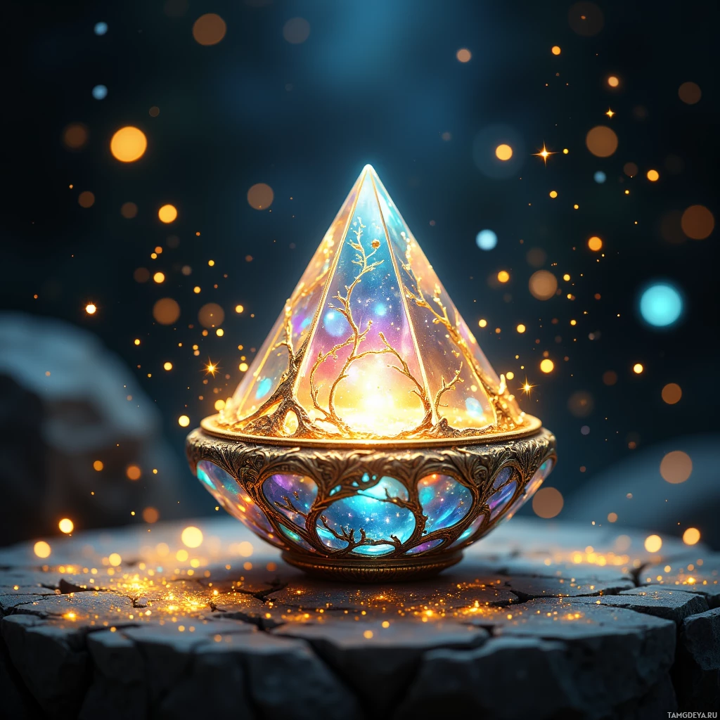 Semi-abstract image with many light, that is suitable for the post:  tiny iridescent crystal prism with faceted glass and a golden rim, etched with swirling vines of moonlit silver, humming softly and emitting sparkling stardust motes that drift like fireflies when rotated.