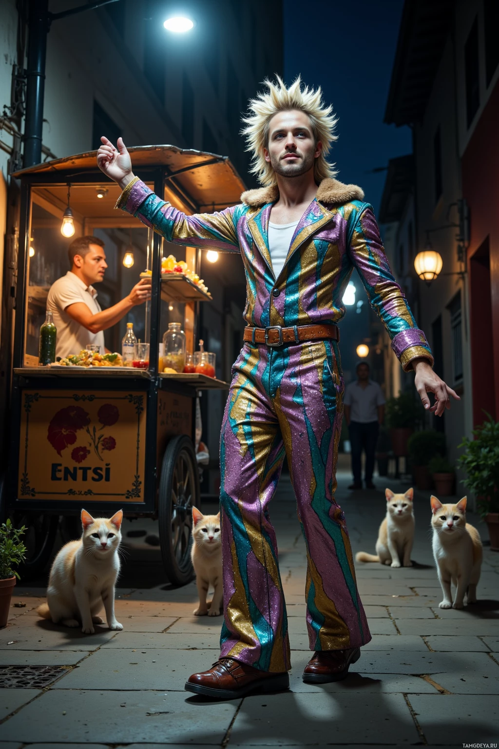 Realistic high quality photo. Male, 33, blonde voluminous hair, sparkling blue eyes, white skin, energetic grin, wearing glittery disco jumpsuit and platform shoes, moonwalking under a flickering flashlight in a dimly lit alley at night, leading a synchronized dance crew of curious cats while a street vendor in a taco cart smiles and offers salsa, with a spontaneous urban rave vibe.