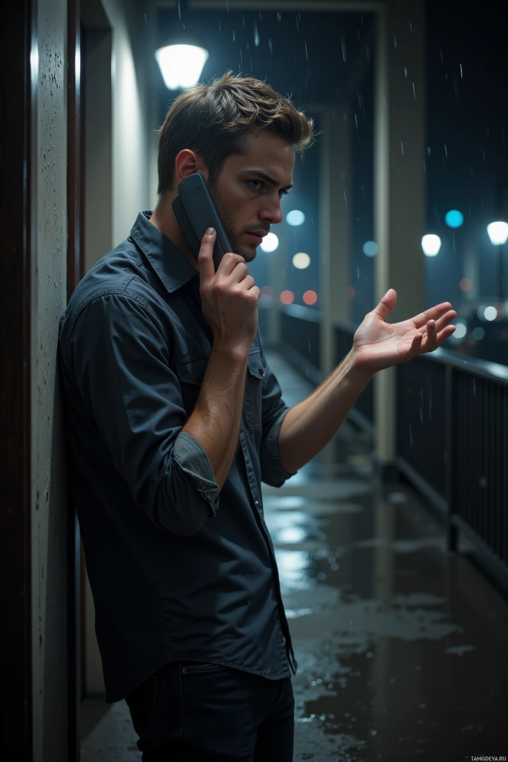 Realistic high quality photo. A 32‑year‑old man with short brown hair, bright blue eyes, angular face and high cheekbones, wearing a casual button‑down shirt, stands in a dim hallway with rain streaks on the floor, holding a phone and gesturing like an impatient director, while droplets shimmer on an outside streetlight, cinematic lighting highlighting his witty, restless expression.
