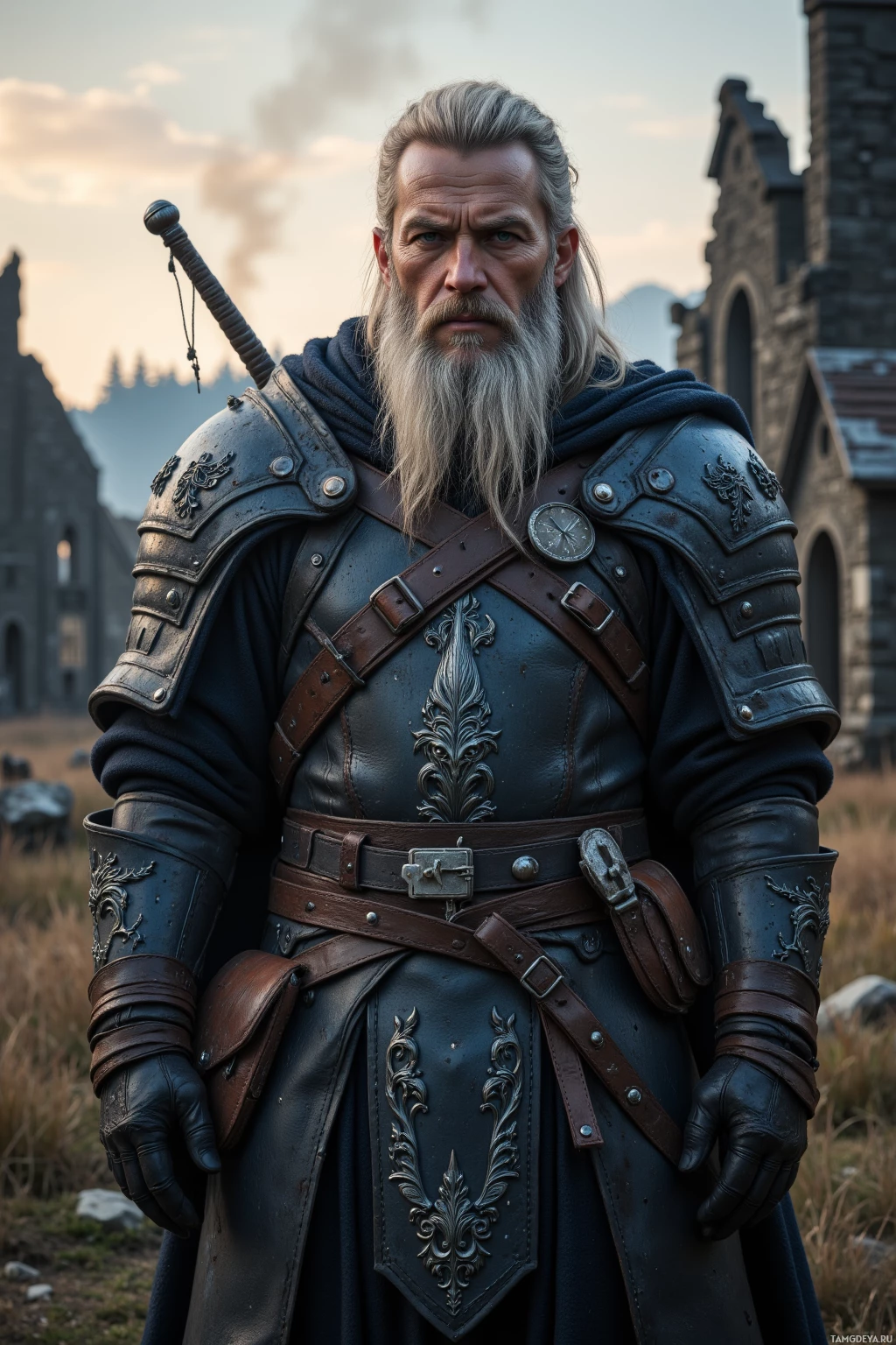 Realistic high quality photo. A tall rugged 45‑year‑old man with long white hair pulled back, piercing blue eyes, and sun‑worn skin stands in a ruined village at dusk, wearing dark layered leather armor adorned with wolf motifs, twin steel and silver swords strapped across his back, trimming his beard while a satchel rests beside him amid pine scent and distant smoke.