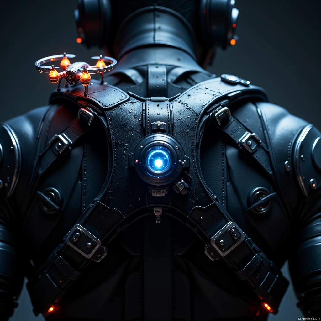 Semi-abstract image with many light, that is suitable for the post:  A sleek black carbon‑fiber harness with aerodynamic panels, built‑in micro‑turbines emitting a faint blue glow, a tiny translucent drone with LED lights perched on a hook, and subtle chrome trim along the straps.