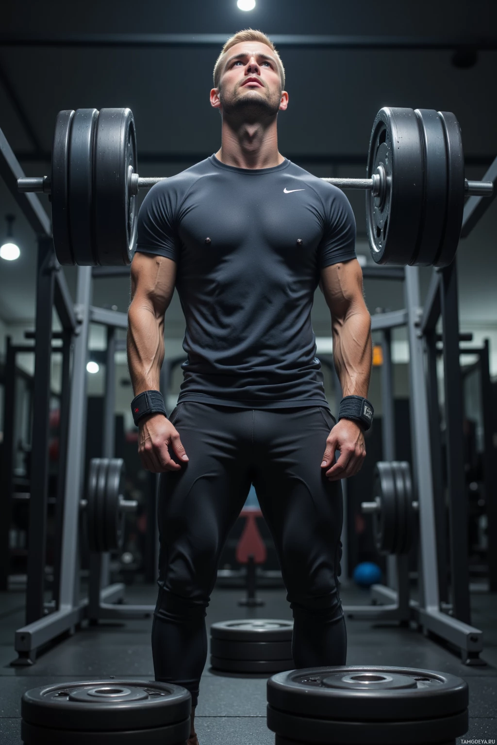 Realistic high quality photo. A 27‑year‑old man with pale skin, buzz‑cut hair, bright blue eyes, wearing a fitted dark grey athletic top and matching wristbands, standing on a gym mat surrounded by weight plates, sweating and breathing ragged as he lifts the last rep with a clanging sound, gym equipment and dim morning light in the background.