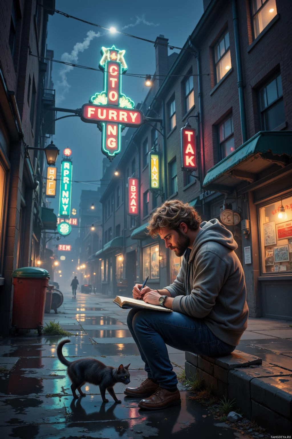 Realistic high quality photo. Late‑night warehouse district with steam from cooling pipes curling around glowing signs; a 27‑year‑old man with curly blonde hair and blue eyes in a casual hoodie and jeans sketches on a battered notebook, while a stray cat darts beside him.
