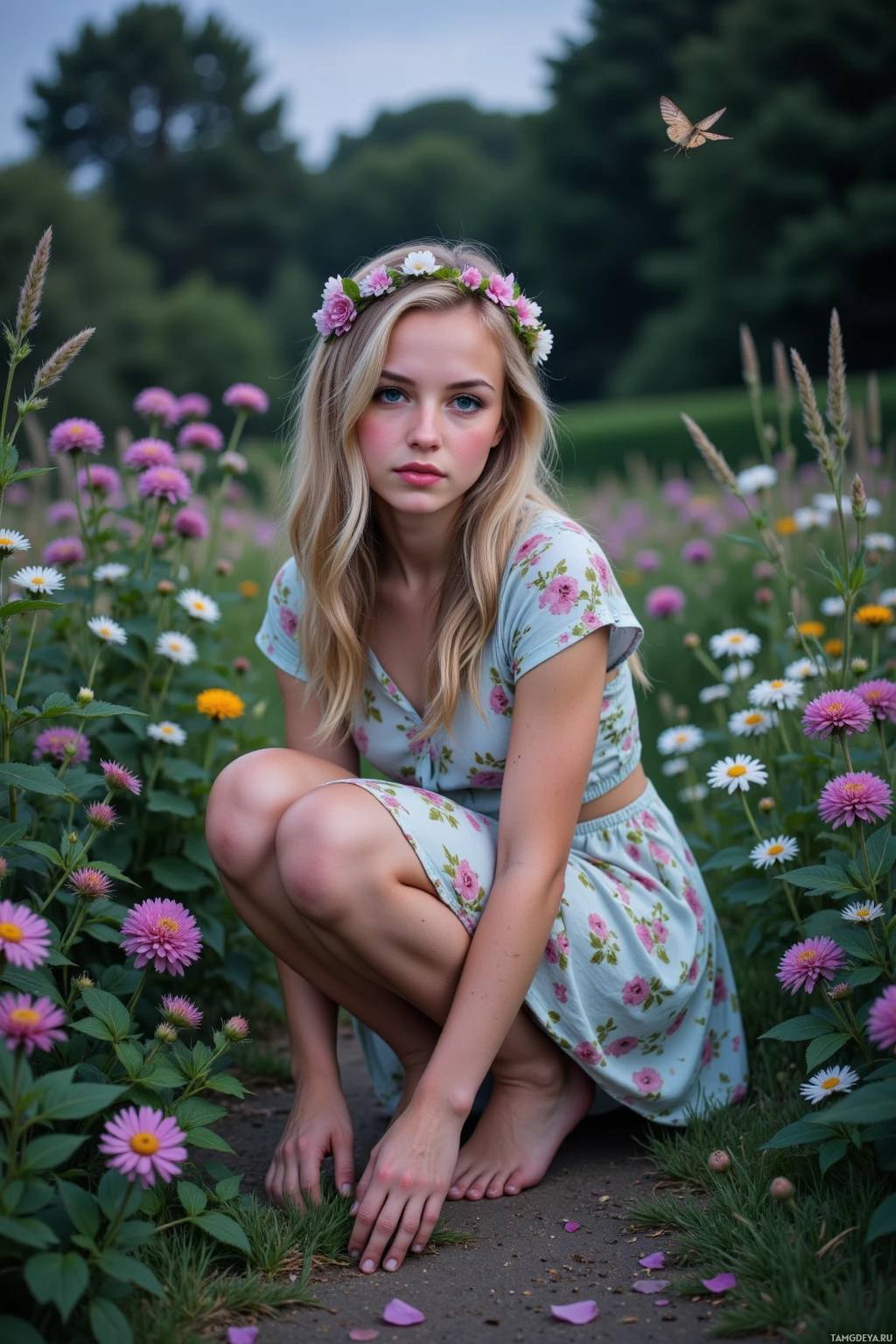 Realistic high quality photo. A 24‑year‑old woman with long wavy blonde hair, bright blue eyes, fair glowing skin, wearing a soft floral dress and a delicate crown of fresh flowers, kneeling in a twilight garden, gently brushing her palms over damp soil as a moth flutters by, surrounded by rustling leaves, wildflowers, moonlit pathways, and dew‑glimmering petals.