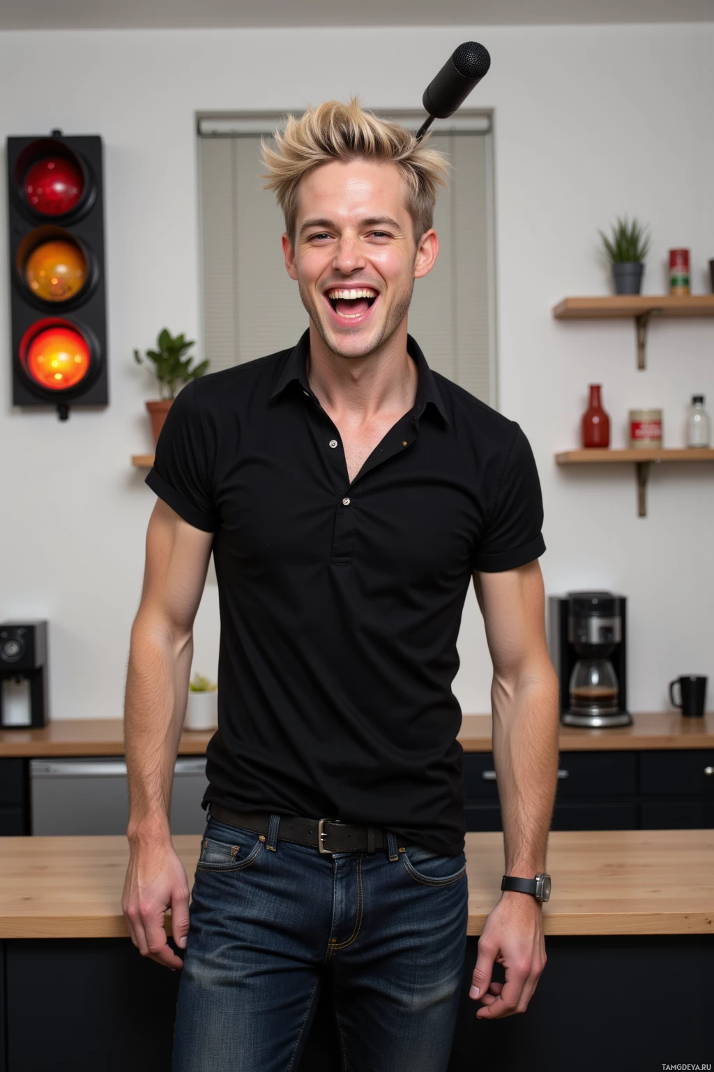 Realistic high quality photo. A 25‑year‑old male comedian with spiky blonde hair, bright blue eyes, pale skin, wearing a fitted black shirt and dark jeans, standing in a modern office break room with a coffee machine, a small fridge, and a poster of traffic lights on the wall, holding a microphone mid‑air as he drops it, laughing with a lively, animated expression under natural daylight.