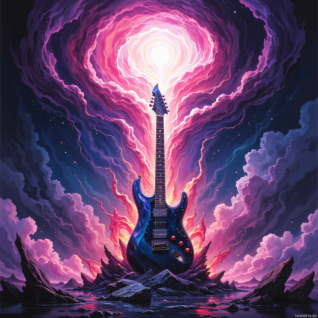 Semi-abstract image with many empty light space at center of beautiful background, that is suitable for the post:  The guitar wails like a neon tornado, ripping silence and stitching chaos into every heart.