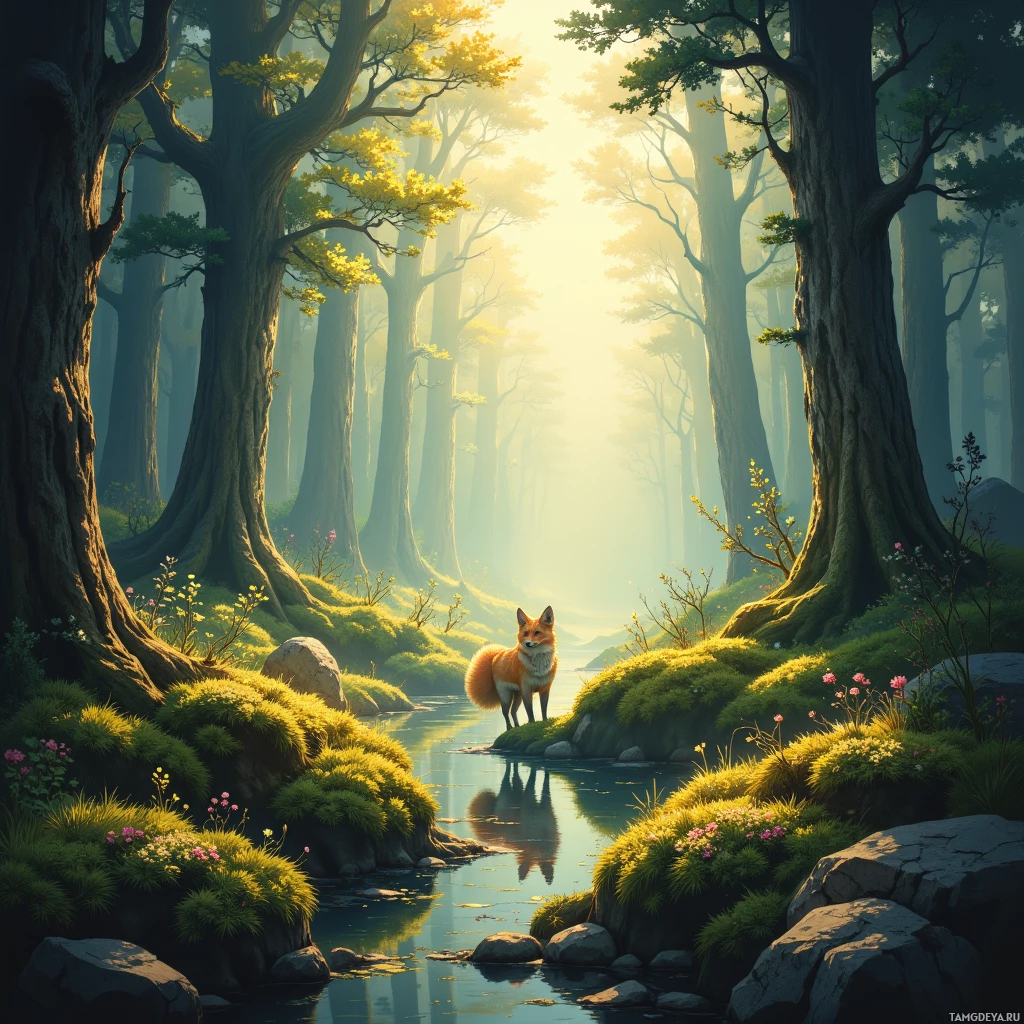 Semi-abstract image with many empty light space at center of beautiful background, that is suitable for the post:  I watch a fox's shadow flicker over moss, and the forest hums a secret lullaby.
