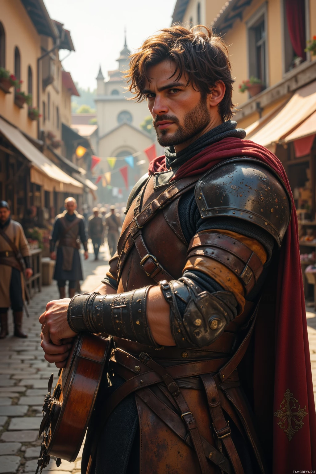 Realistic high quality photo. Brooding male warrior with messy dark hair, warm golden skin, rugged features, piercing brown eyes, wearing worn leather armor with intricate buckles and a cloak draped like nightfall, stands in a bustling medieval market square at dawn, nodding silently to a trembling bard playing lute, while patrol guards watch and his grin is half mockery, half pride, with sunlight filtering through stalls.