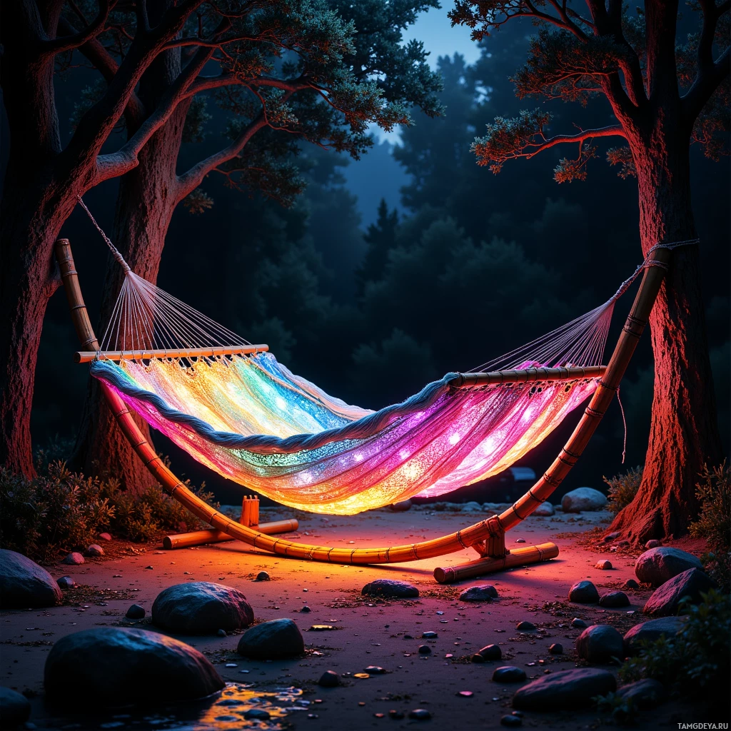 Semi-abstract image with many light, that is suitable for the post:  Solar‑powered hammock woven from iridescent bioluminescent fiber that shifts color with the angle of light, resting on a sleek recycled bamboo frame embedded with small solar panels emitting a soft warm glow.