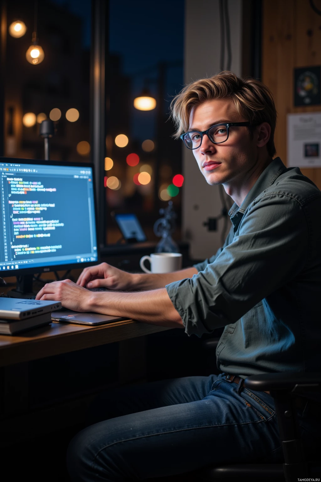 Realistic high quality photo. A 24‑year‑old man with messy blonde hair, clear blue eyes, thoughtful expression, wearing a grey shirt, jeans, and low‑nose glasses, sits at a cluttered desk in a dimly lit home office at night, his face illuminated by the glow of a laptop screen full of code and logs, while streetlights flicker outside the window and a steaming mug of coffee rests beside him.