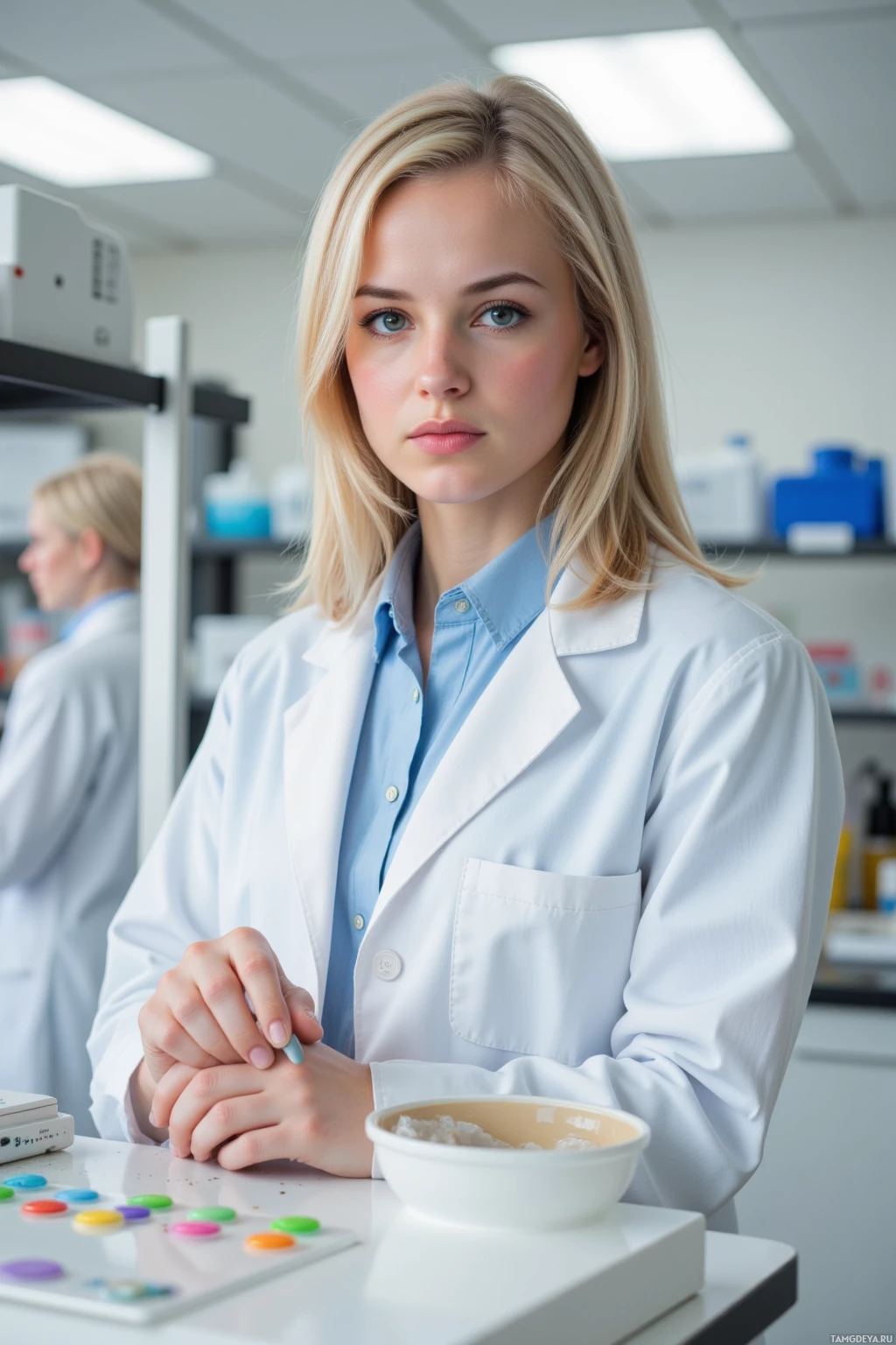 Realistic high quality photo. A 32‑year‑old woman with shoulder‑length blonde hair, bright blue eyes, pale skin, wearing a crisp white lab coat over a smart blouse, stands in an orderly modern laboratory at afternoon light, calibrating a row of color‑coded sensor patches on a sterile workbench while a startled stray cat knocks over a petri dish, her hand gripping a calibration tool and her expression a mix of focused determination and mild frustration.