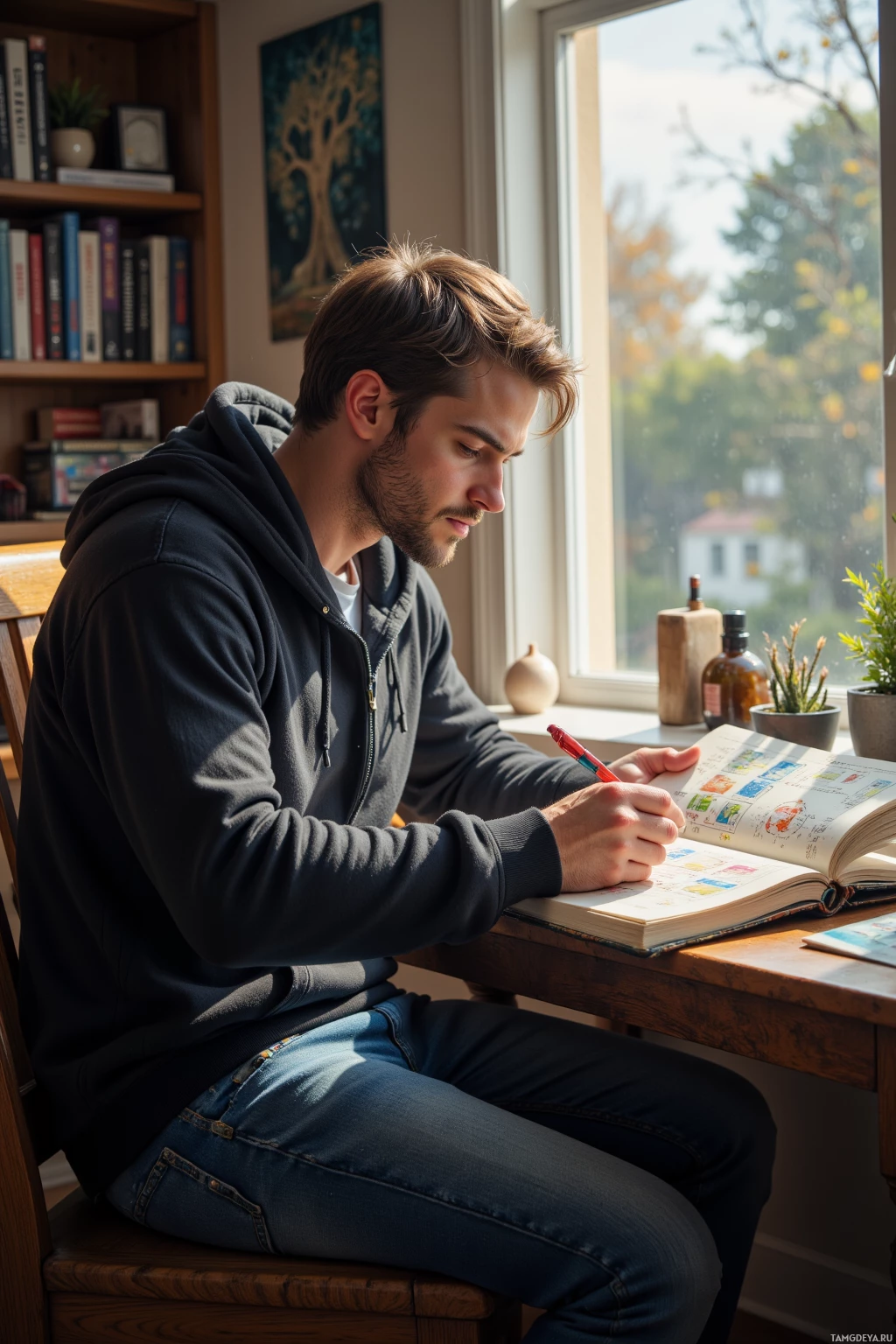 Realistic high quality photo. A tall, 35‑year‑old man with brown hair and sharp blue eyes in a dark hoodie and jeans sits at a wooden desk in a quiet living room, intensely studying a notebook filled with fantasy RPG combo diagrams while a dog barks outside the window at 2 pm under filtered midday light.
