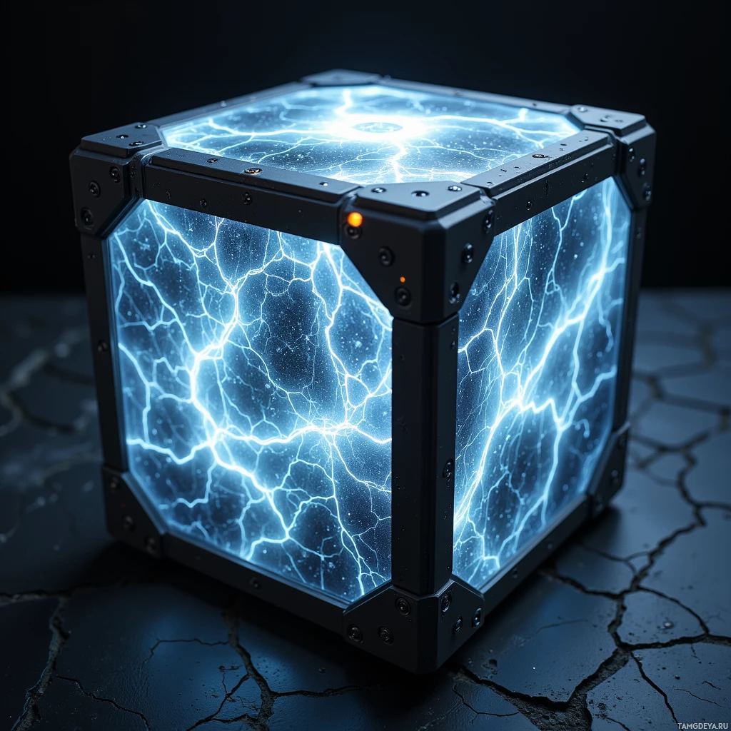 Semi-abstract image with many light, that is suitable for the post:  Titanium alloy cube with translucent graphene panels that glow in dynamic patterns, featuring a sleek metallic surface and subtle holographic interface glow.