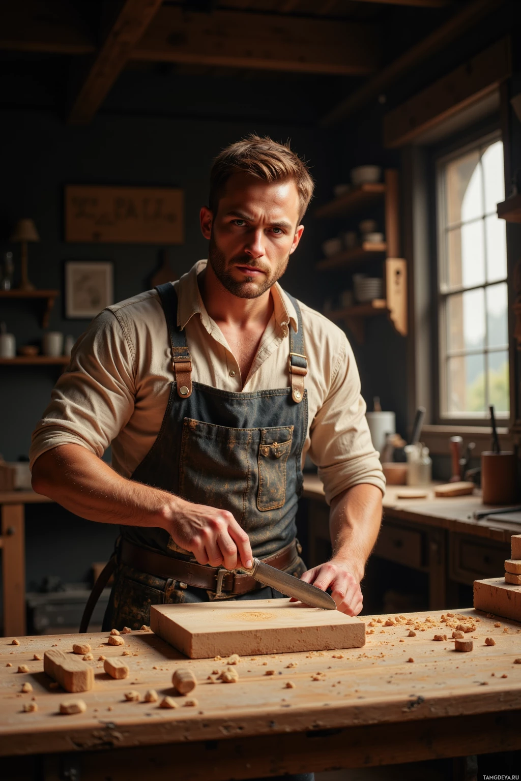 Realistic high quality photo. A 33‑year‑old man with short light brown hair, neatly trimmed beard, clear green eyes, fair skin showing outdoor work signs, wearing a worn beige linen shirt under a faded leather apron, holds a wooden chisel in a dimly lit woodworking workshop, carefully carving a stubborn oak board under early morning light with pine resin dust on the surface and sawdust on his hands.
