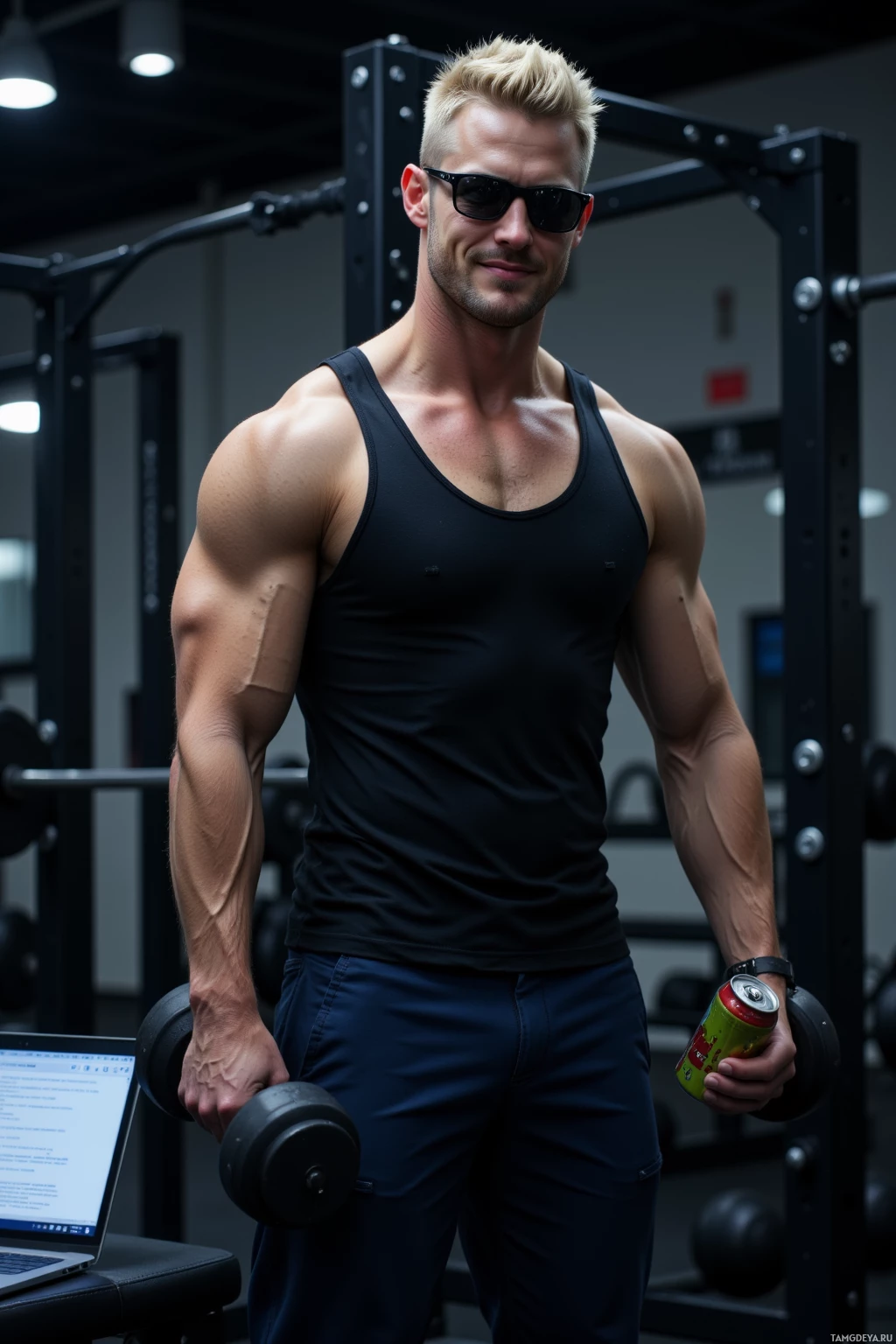 Realistic high quality photo. Tall 29‑year‑old man with short blonde hair and piercing blue eyes, wearing a black tank top and black sunglasses, flexing a black dumbbell in a dimly lit gym at 3 a.m., a laptop screen displaying lines of code on a nearby bench, overconfident grin, holding a can of energy drink in one hand.