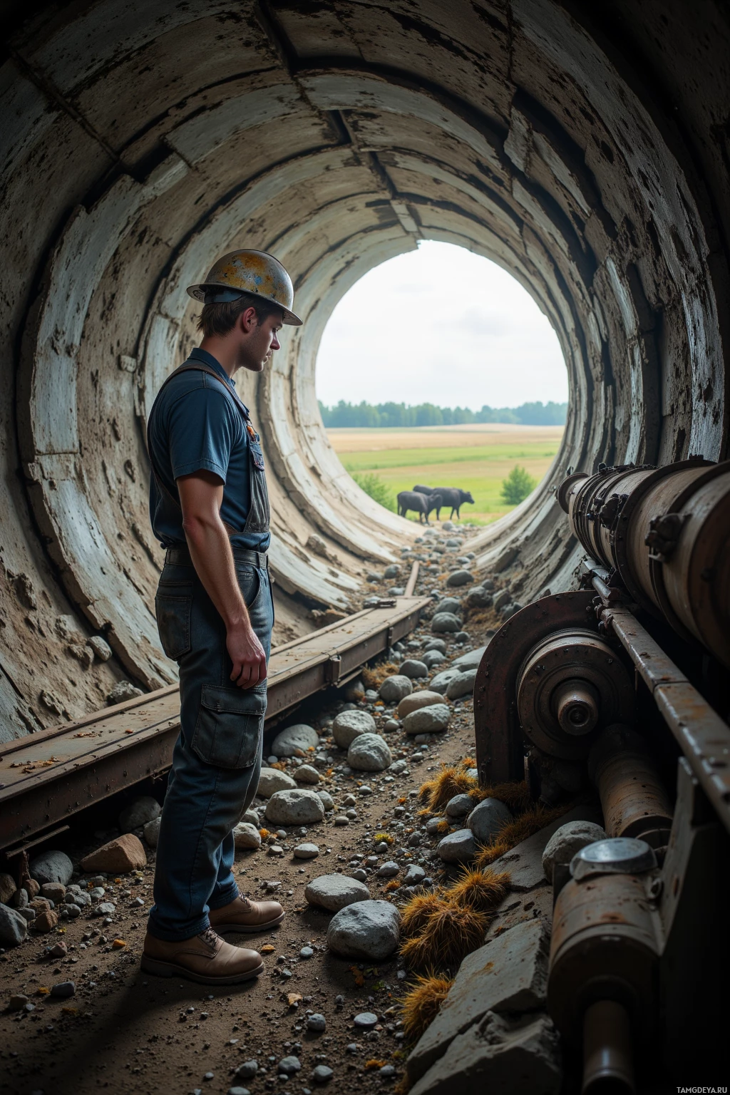 Realistic high quality photo. A 38‑year‑old man with short blonde hair and blue eyes, wearing a worn work helmet, dusty overalls, and sturdy boots, stands in a mine tunnel beside a humming conveyor belt, inspecting an old drill while gazing through a ventilation shaft at distant pasture during the morning shift.