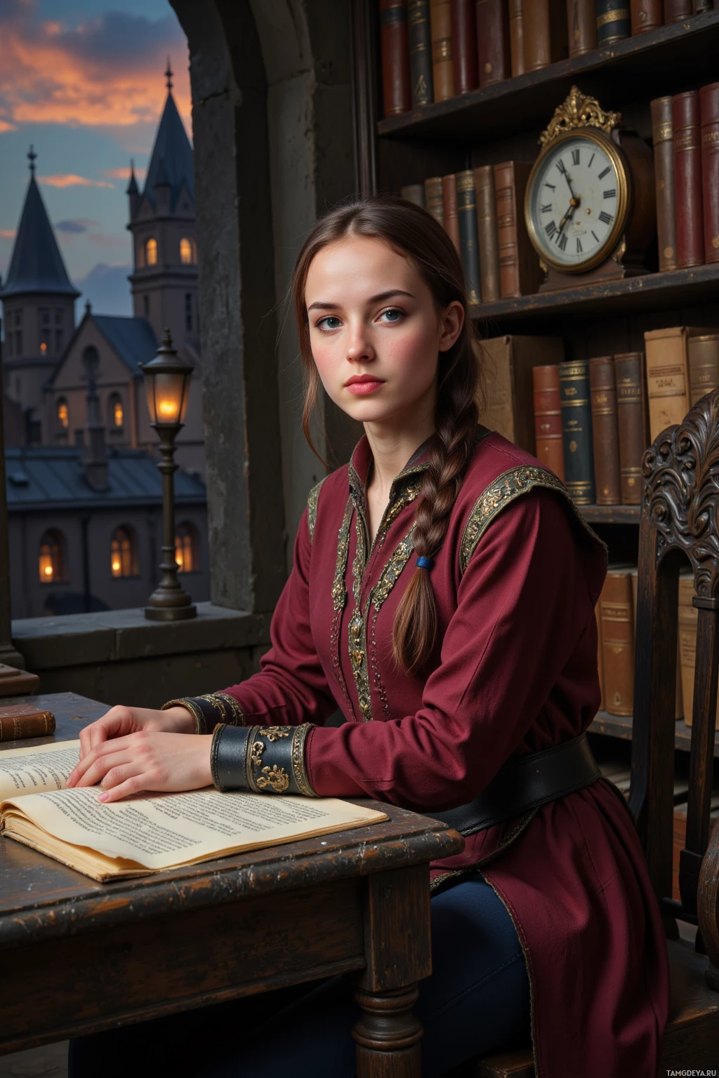 Realistic high quality photo. A slender 27‑year‑old woman with long dark brown braid, blue‑green eyes, porcelain skin, wearing a deep burgundy tunic with embroidered patterns, leather belt, dark boots, sits at a carved stone desk in a dim archive of tall parchment shelves, ancient ticking clocks, turning a weathered page as twilight fades behind citadel roofs.