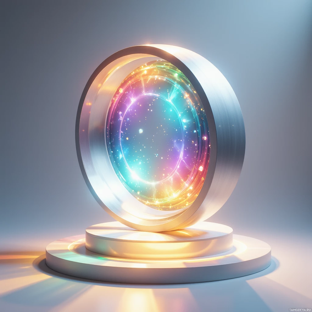 Semi-abstract image with many light, that is suitable for the post:  A sleek hovering crystal‑clear light orb, matte silver frame, its glassy surface shifting vibrant rainbow hues and emitting soft sunshine sparks.