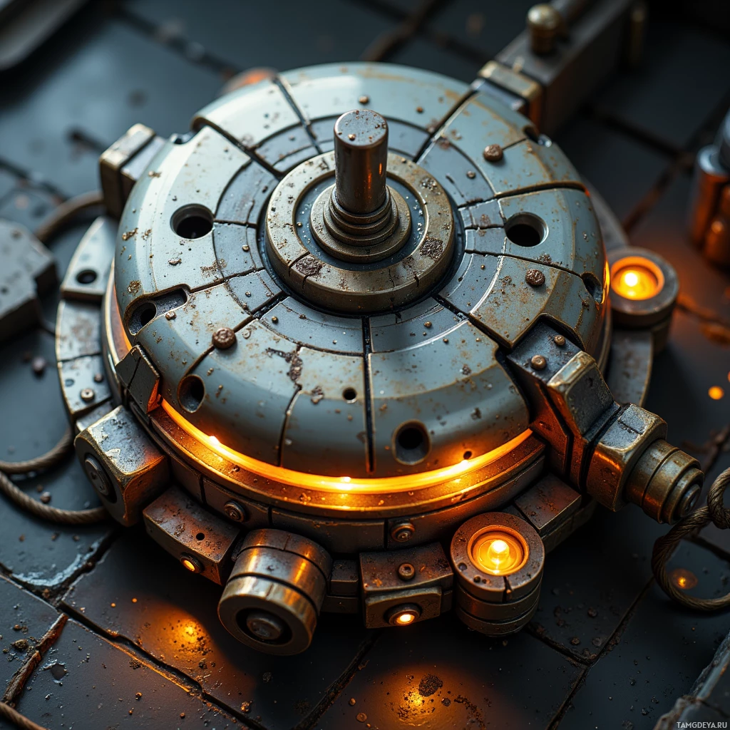 Semi-abstract image with many light, that is suitable for the post:  Compact alloy-coated docking node with a single cylindrical port, brass gear wheels, a scarred metal surface, and glowing internal micro‑circuits.