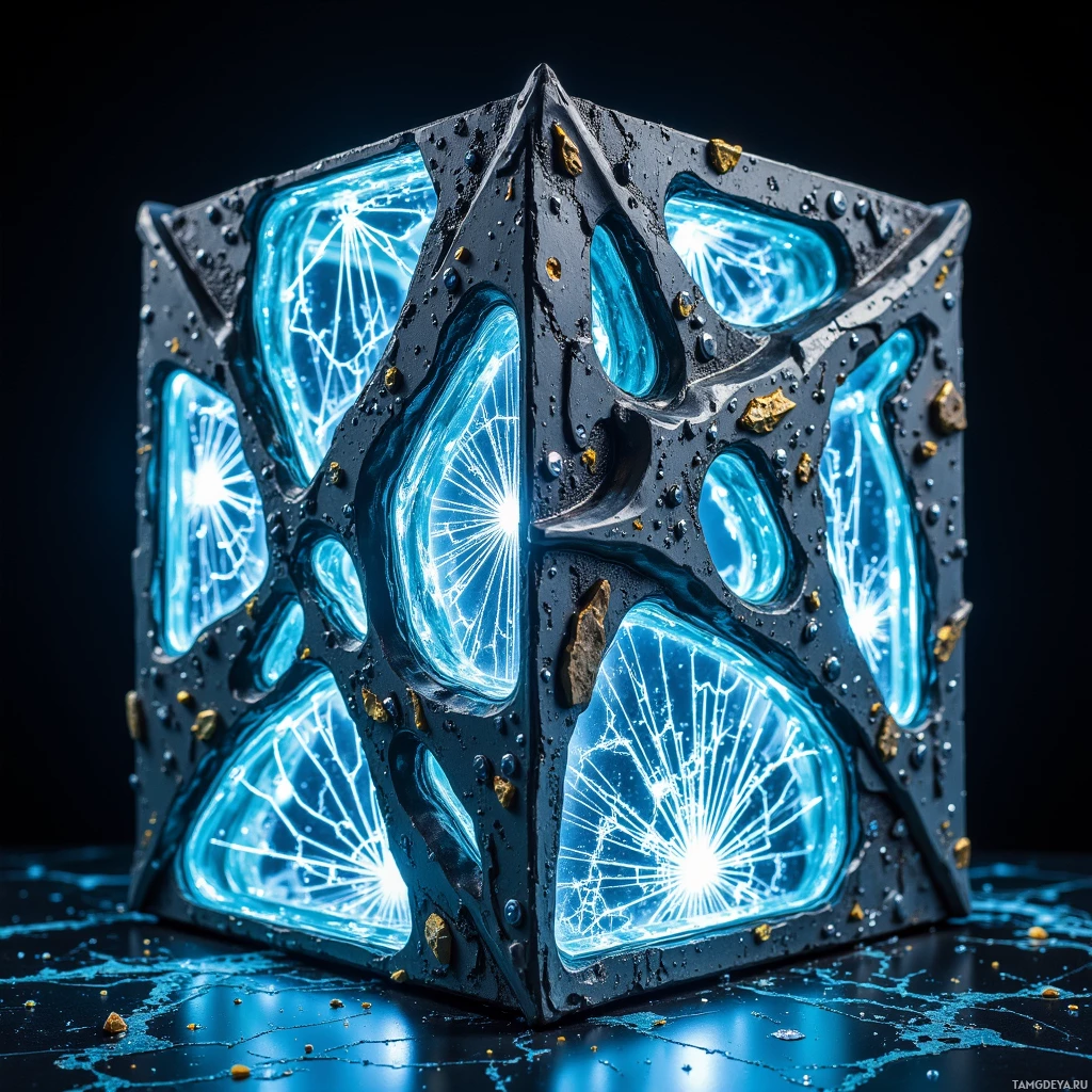 Semi-abstract image with many light, that is suitable for the post:  Cracked mirror cube synth made of reclaimed steel panels that fold and shift, featuring pulsing LEDs, glowing circuitry on fractured glass surfaces, metallic edges, and dynamic, touch-responsive light patterns.
