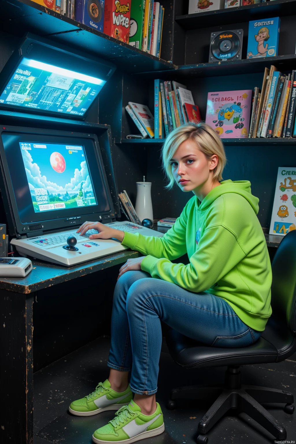 Realistic high quality photo. 26‑year‑old woman with short spiky blonde hair, bright blue eyes, neon green hoodie, jeans, light green sneakers, seated at a floating holographic console in a dimly lit cyber‑lab, replaying an 80s platformer cutscene with glitching pixel‑art dialogue bubbles, a single tear sliding over the frame, surrounded by dusty vinyl records and faded cereal box packaging for inspiration.