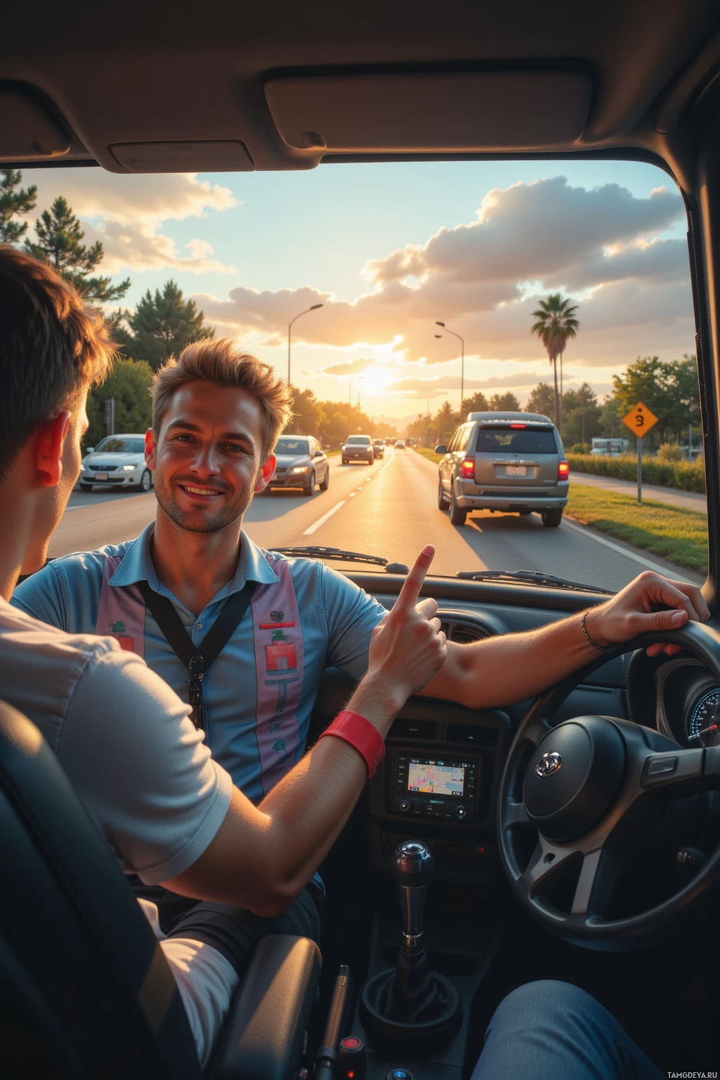 Realistic high quality photo. A 34‑year‑old male driver with short blonde hair, bright blue eyes, pale complexion, wearing a neat casual driver uniform, animatedly pointing to a glowing GPS screen with a smiling face while debating with a 23‑year‑old cyclist in a reflective helmet on a sunny evening highway with cars idling, a visible shortcut sign on a side road, suburban background, friendly comedic atmosphere.