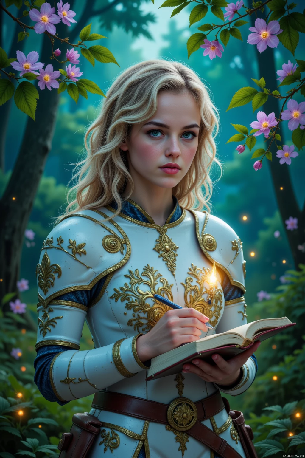 Realistic high quality photo. A 26‑year‑old woman with curly blonde hair and soft blue eyes, wearing light armor adorned with floral patterns, stands in a twilight forest clearing beneath a canopy of sunlit leaves refracting into living prisms, surrounded by bioluminescent moonflower blossoms, holding a notebook as she traces their scent while a gentle breeze swirls, embodying her calm determination and fierce protectiveness of the green world.