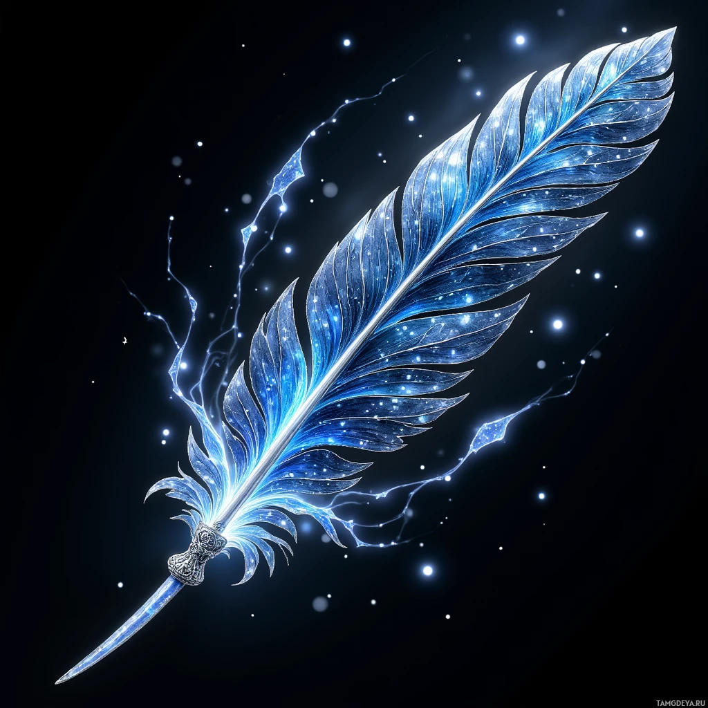 Semi-abstract image with many light, that is suitable for the post:  Feathered quill bound in black obsidian and silvery moonstone, with luminous liquid‑starlight ink swirling around its runic nib that emits a subtle glowing halo, intricate silver filigree accents.