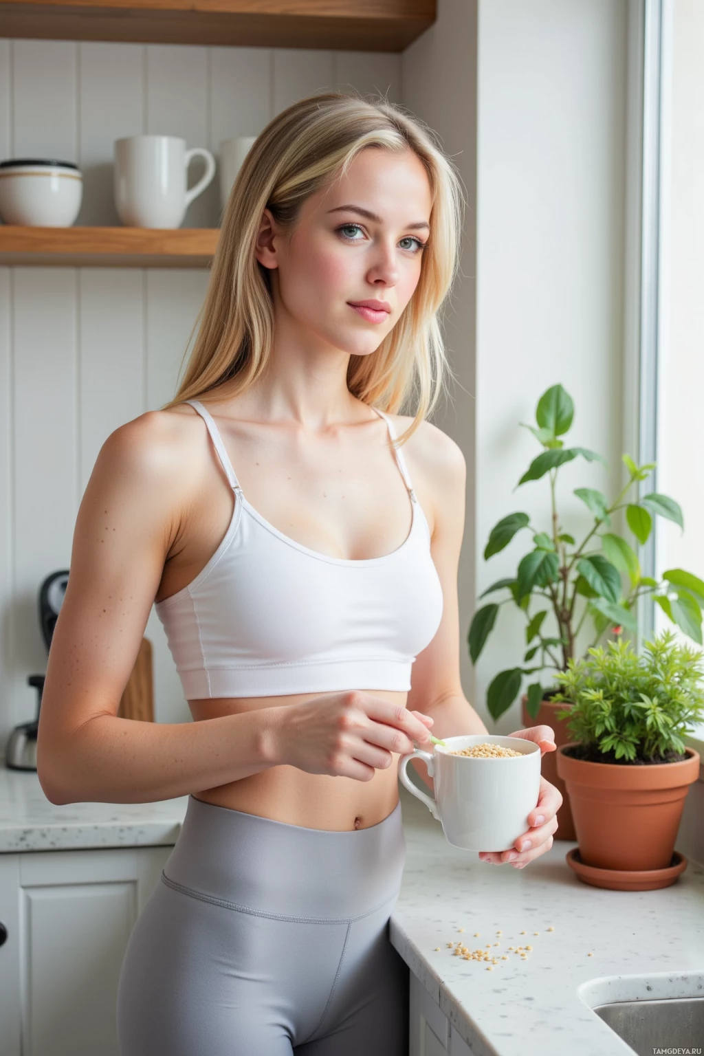 Realistic high quality photo. Morning kitchen with natural light streaming in; a woman with medium‑length blonde hair, blue eyes, pale skin wearing fitted light gray yoga pants and a soft white sleeveless top stands beside a counter holding a single ceramic mug and a small bowl of exactly 42 grains of quinoa next to a potted plant, smiling serenely while gently touching the mug as if speaking to the plant.