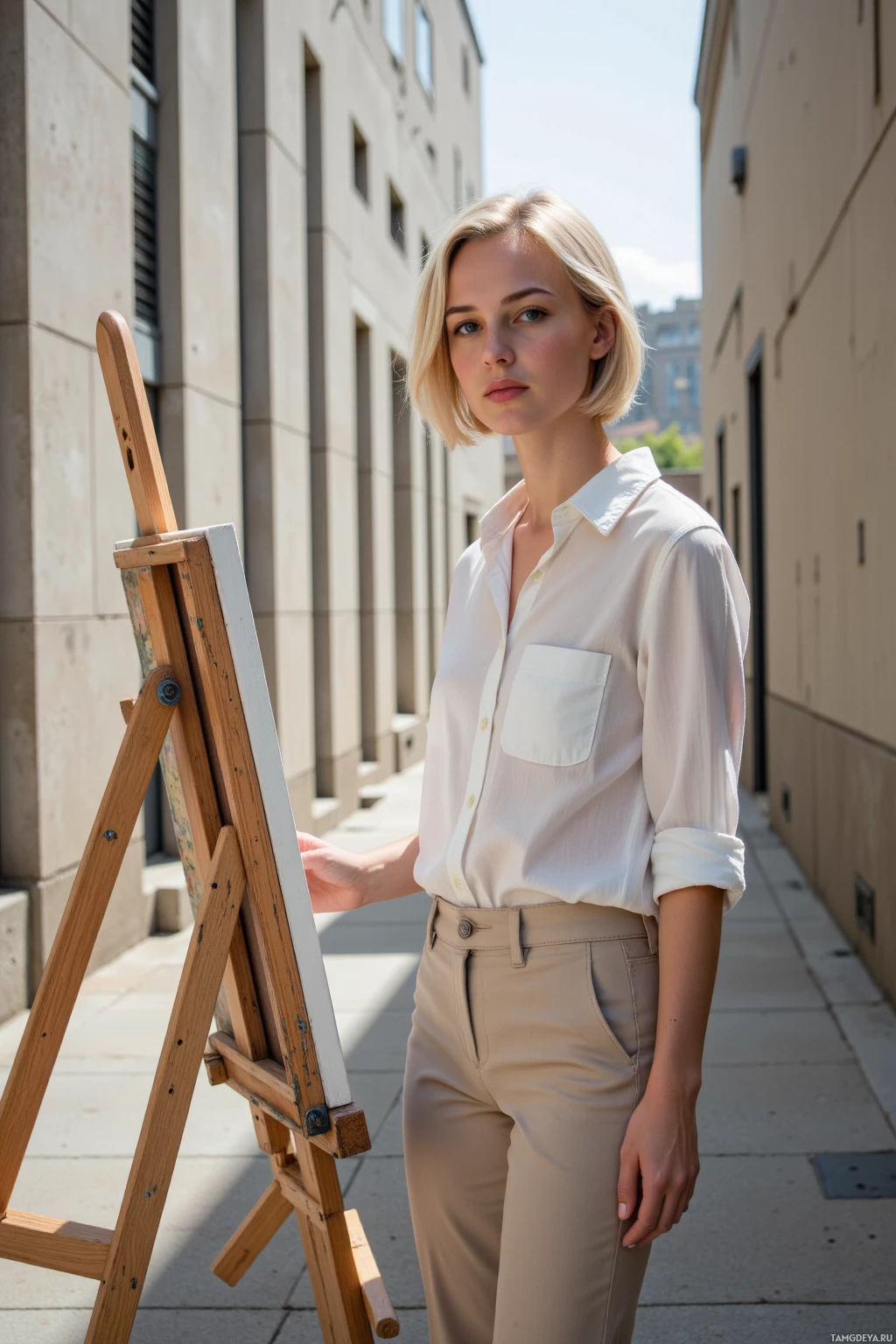 Realistic high quality photo. A 26‑year‑old woman with short blonde hair and delicate features, wearing a white blouse and neutral‑toned trousers, stands in a quiet side lane at noon holding a paintbrush beside an easel with a canvas, as narrow strips of daylight cut through shadows on bare concrete walls forming minimalist geometric lines.