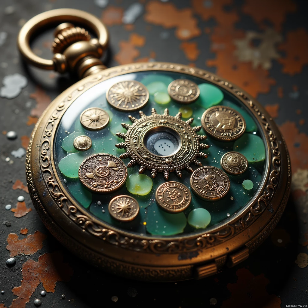 Semi-abstract image with many light, that is suitable for the post:  A weathered brass pocket watch with a polished obsidian‑like surface, intricately etched miniature Renaissance coinage from Florence to Bruges, tiny detailed engravings resembling 15th‑century quill‑stamped coins, and a subtle embedded RFID chip visible in the casing.