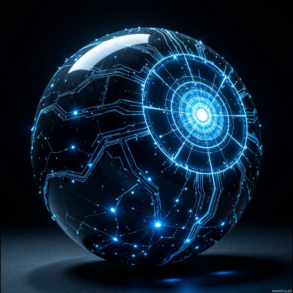 Semi-abstract image with many light, that is suitable for the post:  Polished obsidian sphere the size of a hand, surface etched with shifting blue circuitry that pulses with light, revealing a faint adaptive lattice core inside, minimalist elegant curves.