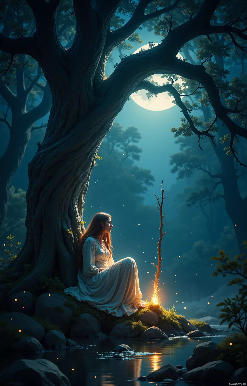 A serene night scene featuring a woman in a flowing dress sitting under a large tree by a calm body of water, illuminated by the soft glow of the moon and fireflies.