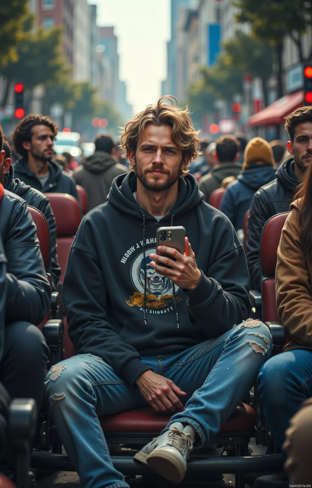 A man in a hoodie and jeans sits on a bus, holding a phone.